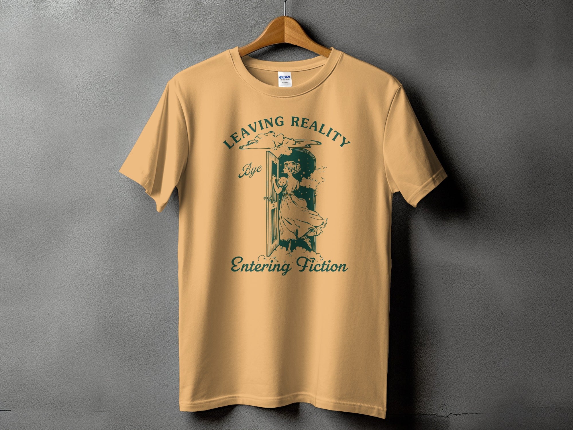 T-shirt with "Leaving Reality Entering Fiction" text and a woman by an open door.
