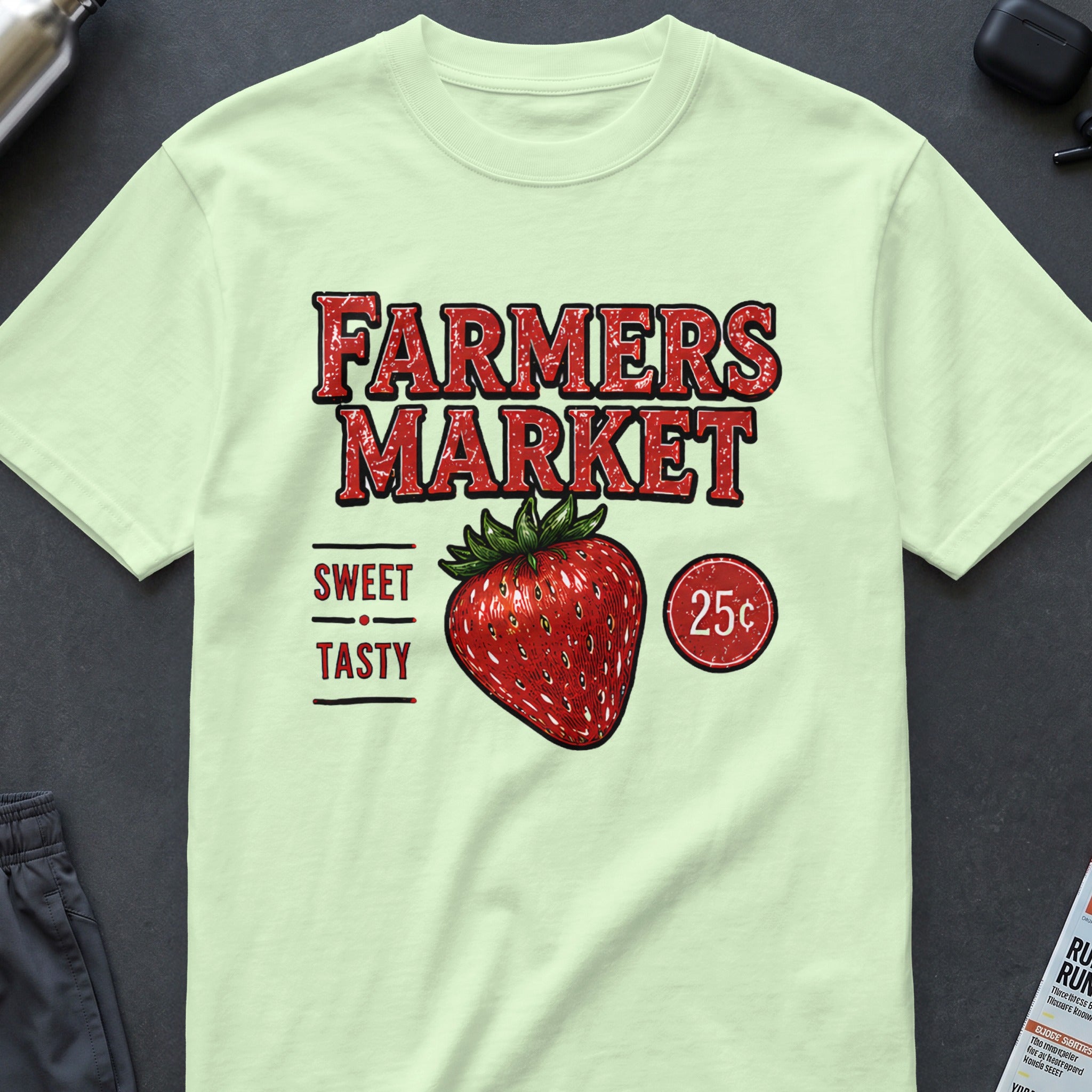 Light green t-shirt with "FARMERS MARKET SWEET TASTY 25c" and strawberry graphic.