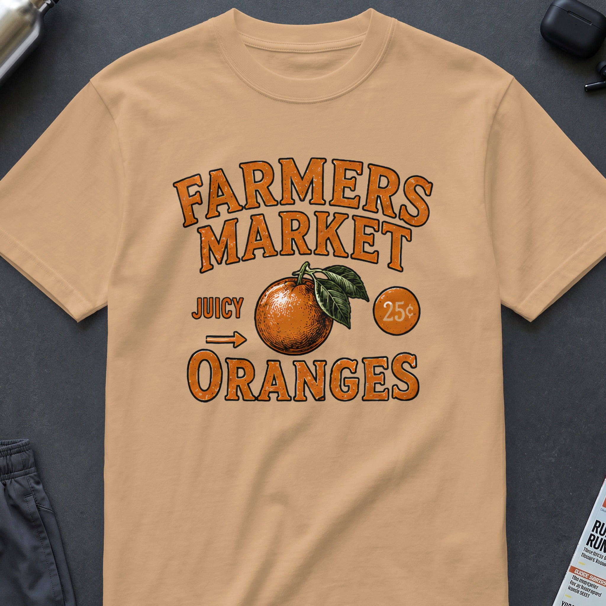 Farmers Market Juicy Oranges with an orange and 25 cent price.