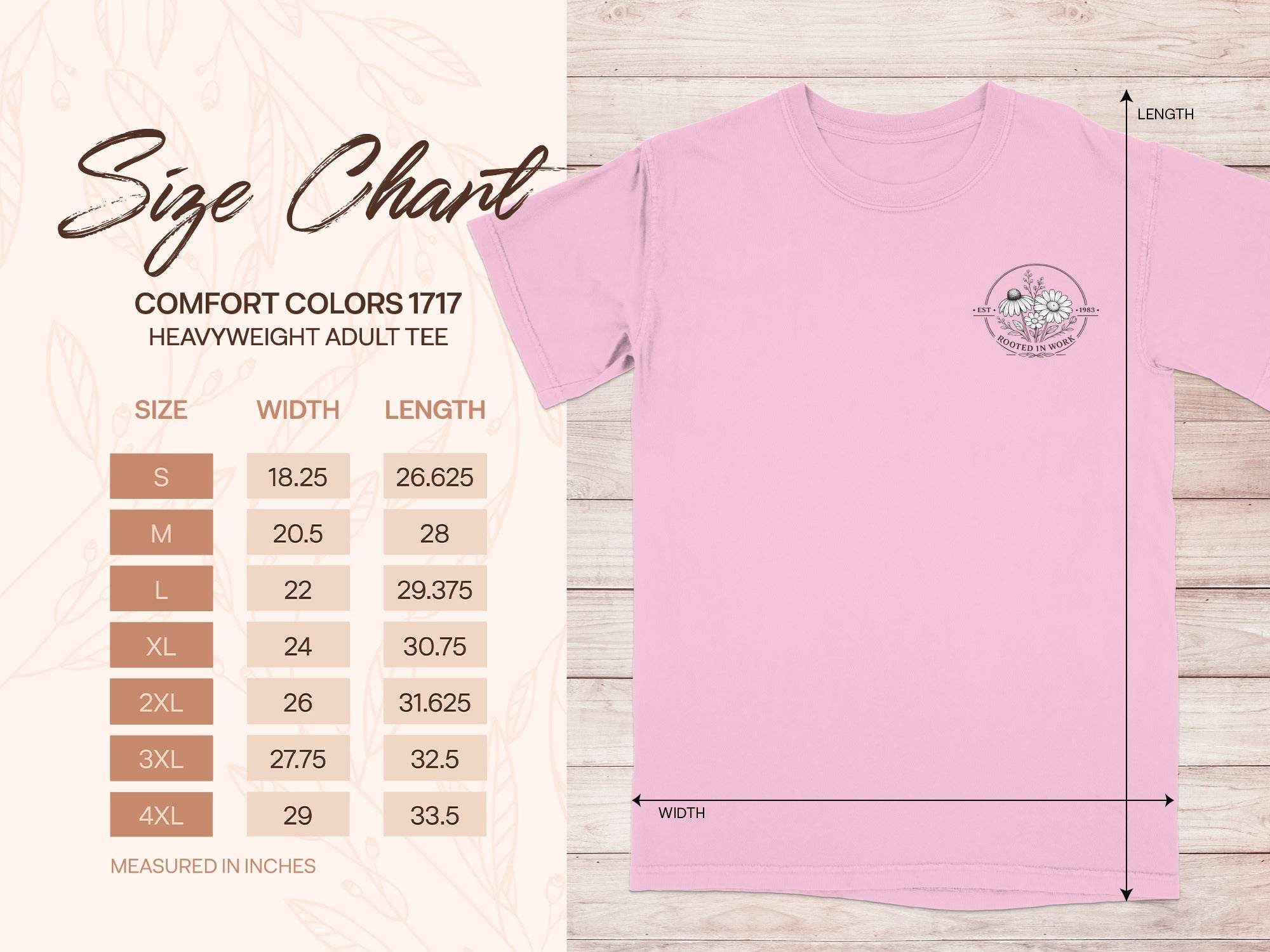Comfort Colors 1717 heavyweight adult tee size chart with width and length measurements in inches.