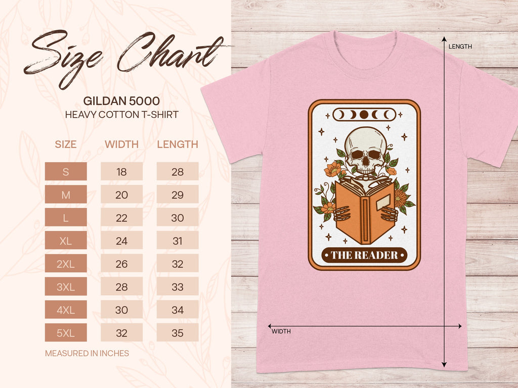 Gildan 5000 size chart for a heavy cotton t-shirt with skeleton reading design.
