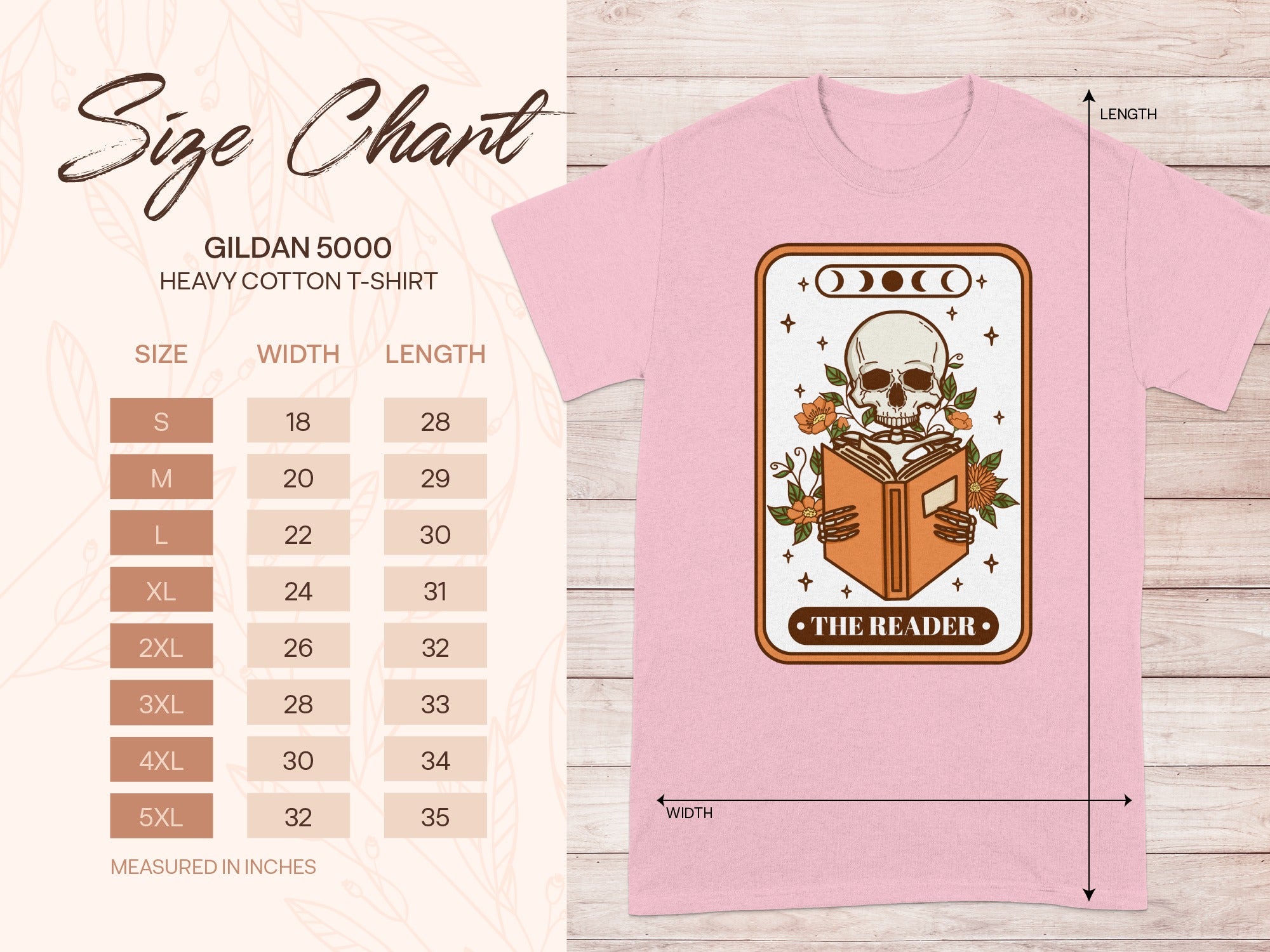 Gildan 5000 size chart for a heavy cotton t-shirt with skeleton reading design.