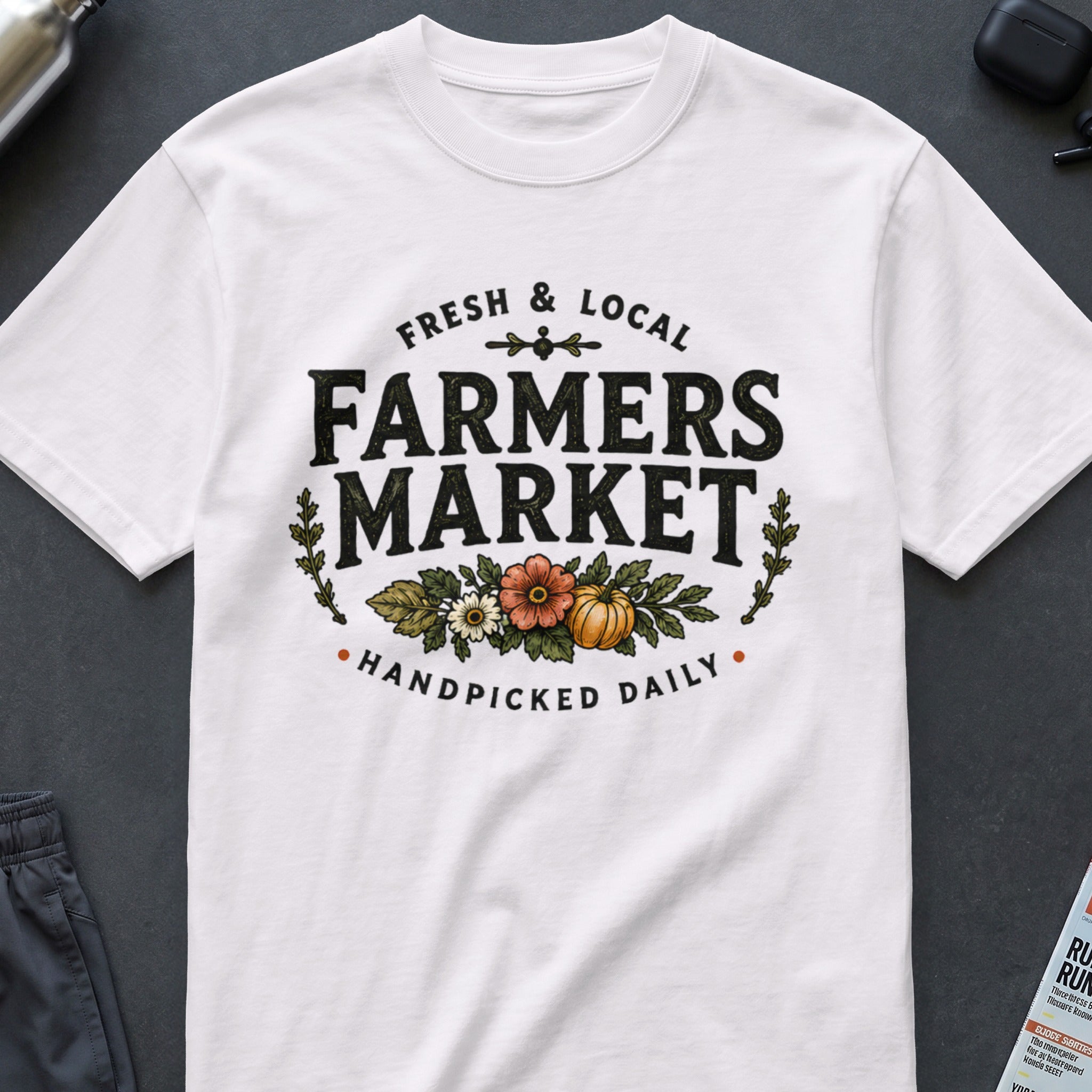 White t-shirt with "Fresh & Local Farmers Market Handpicked Daily" text and floral graphic.