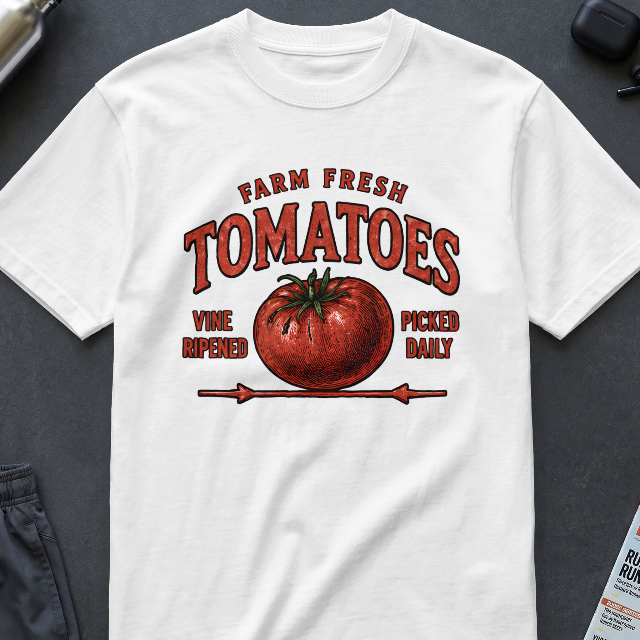 White t-shirt with "Farm Fresh Tomatoes" text and a tomato graphic.
