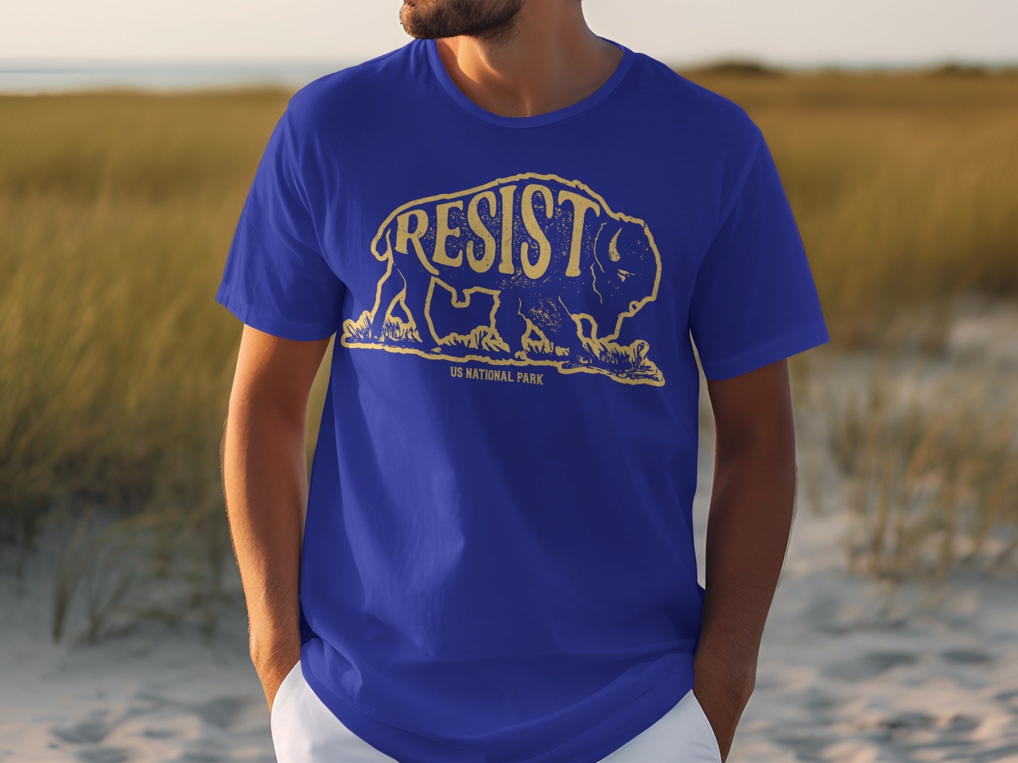 Blue t-shirt with vintage bison graphic reading "RESIST" and "US National Park".