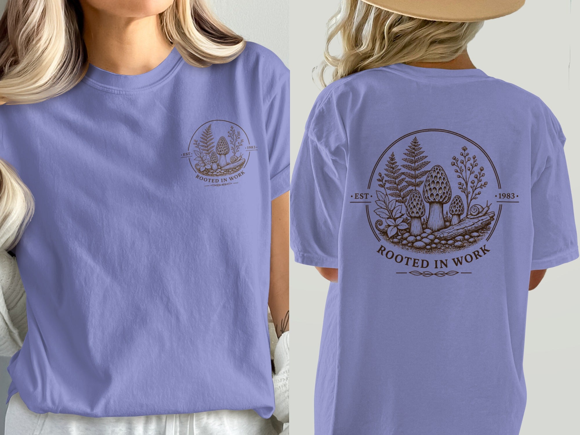 Purple t-shirt with brown circular nature graphic and text "Rooted in Work"