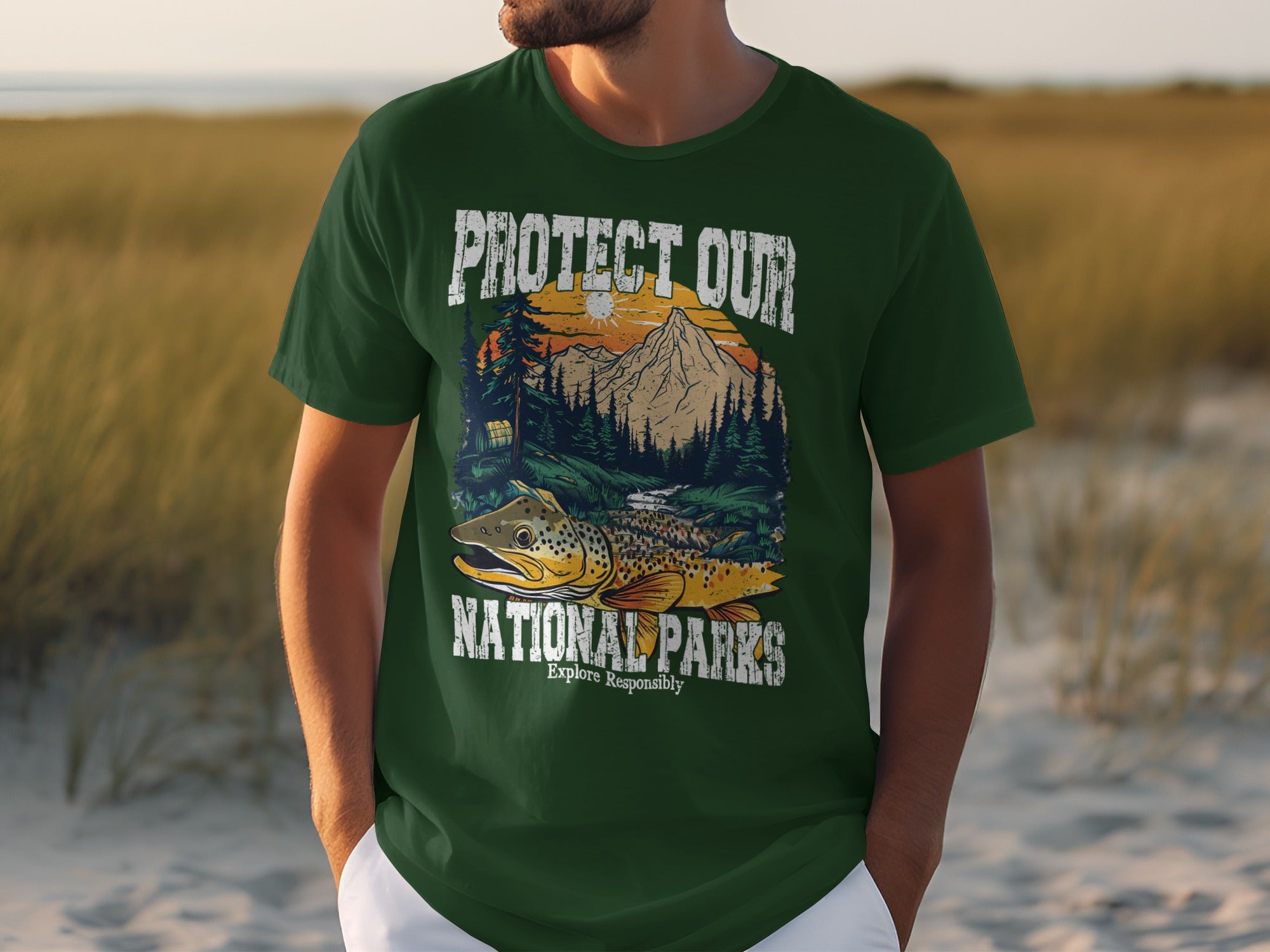 Green t-shirt with "Protect Our National Parks" text and a trout illustration.