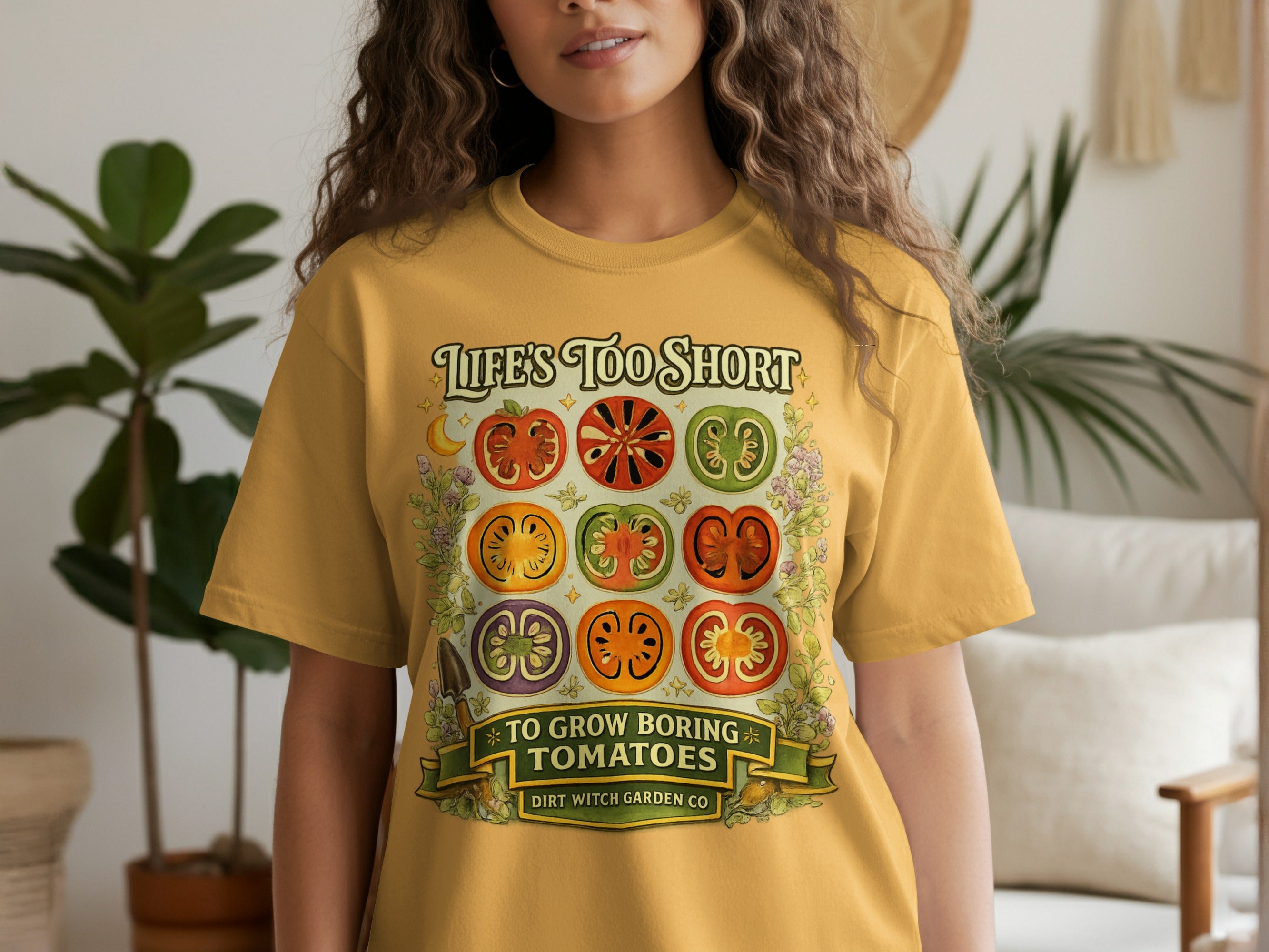 Yellow t-shirt with "Life's Too Short To Grow Boring Tomatoes" graphic and vintage tomato illustrations.