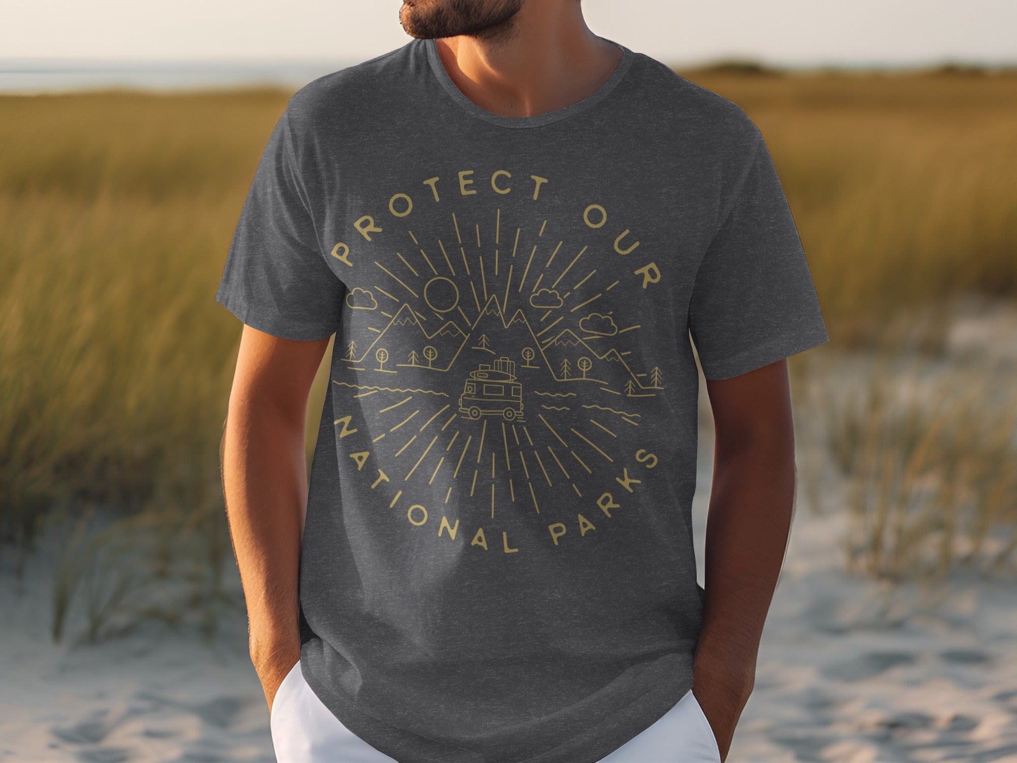 Dark grey t-shirt with "Protect Our National Parks" text and camping graphic.