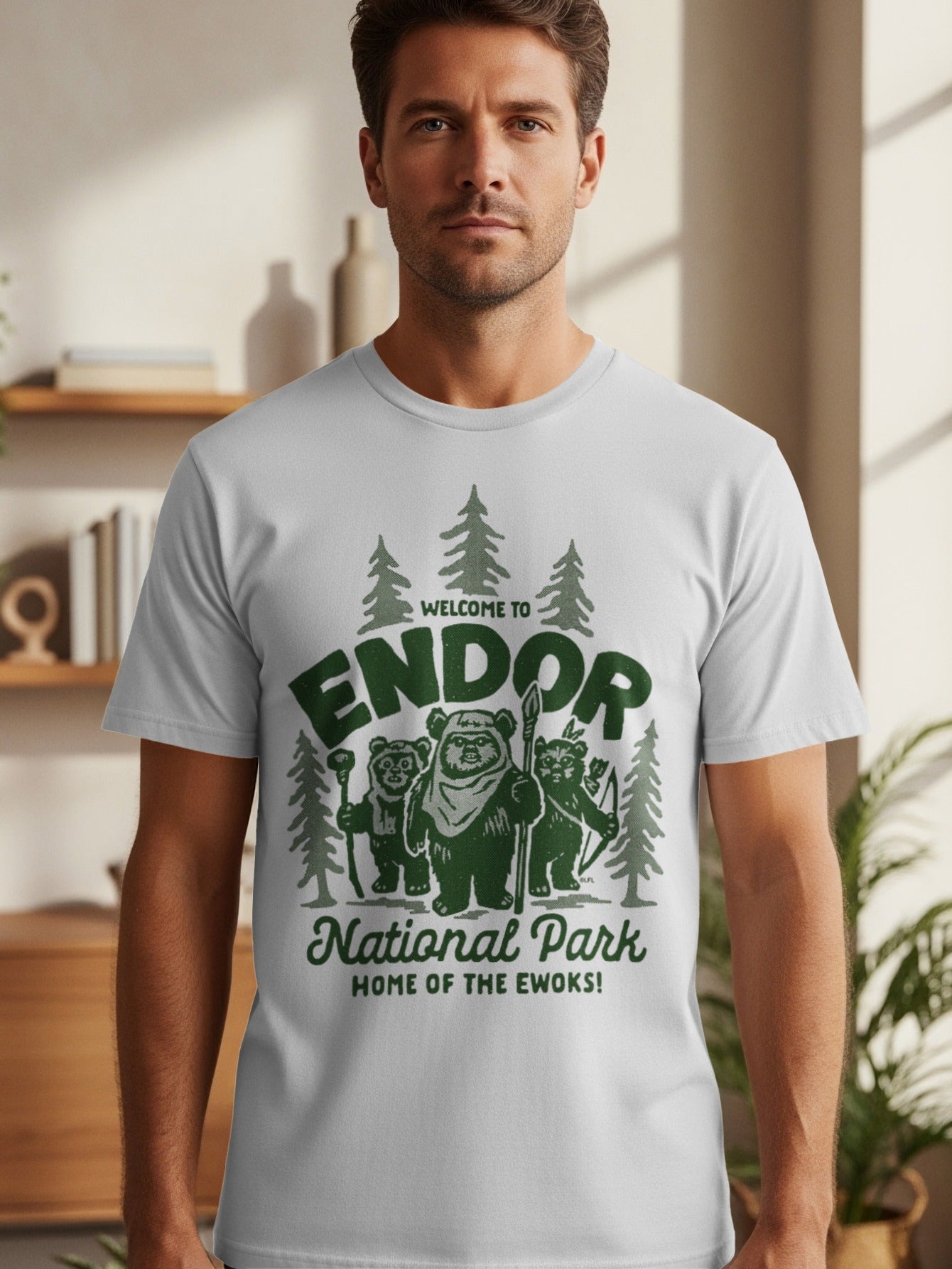 "Welcome to Endor National Park, Home of the Ewoks!" graphic on a white t-shirt.