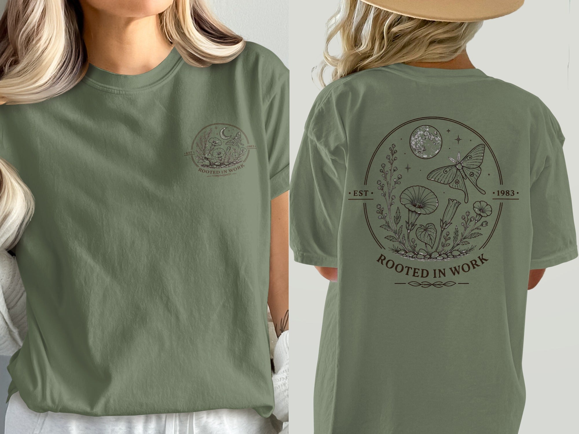 Green t-shirt with circular lunar moth and floral design on back.