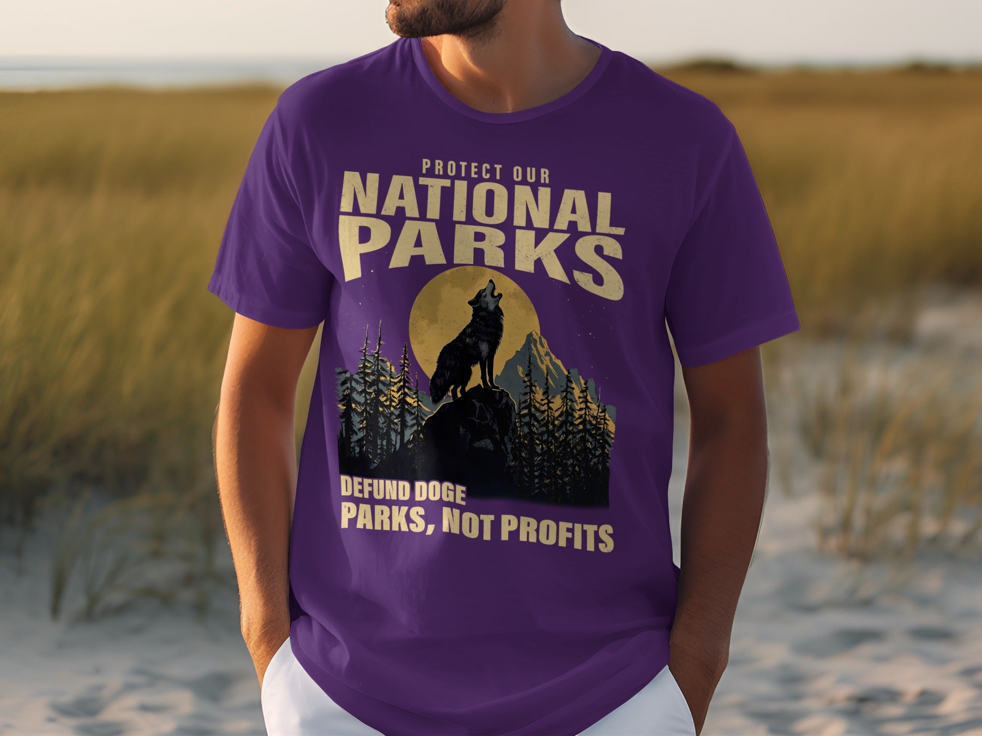 Purple t-shirt with "Protect Our National Parks" and a wolf graphic.