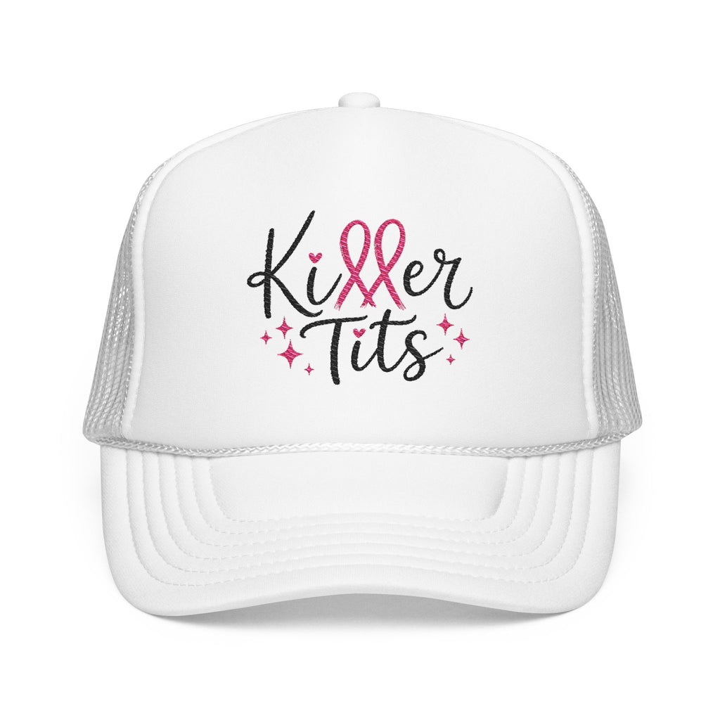 White trucker hat with pink ribbon and "Killer Tits" text and sparkle details.