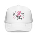 White trucker hat with pink ribbon and "Killer Tits" text and sparkle details.