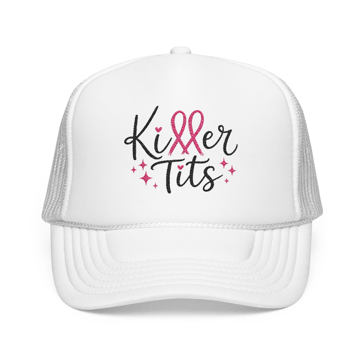 White trucker hat with pink ribbon and "Killer Tits" text and sparkle details.