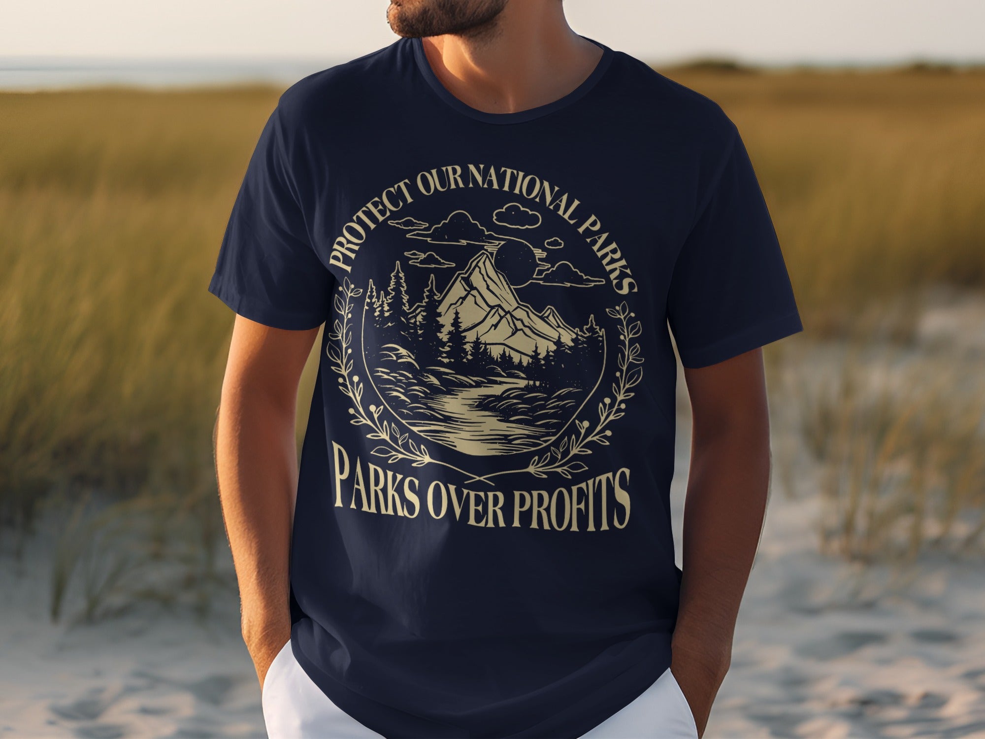Dark navy t-shirt with "Protect Our National Parks Parks Over Profits" graphic.