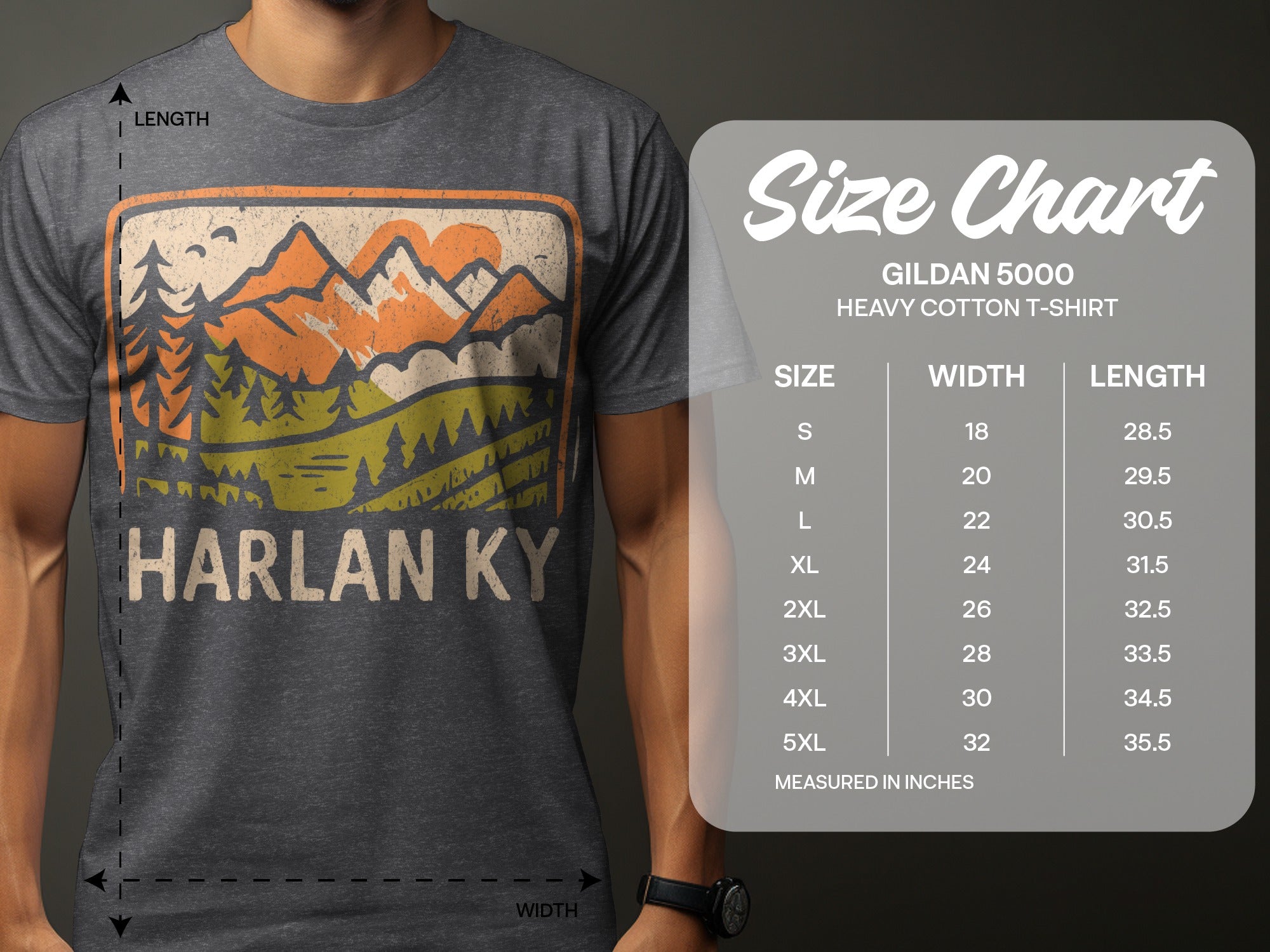 Harlan Ky vintage t-shirt with mountain graphic and size chart.