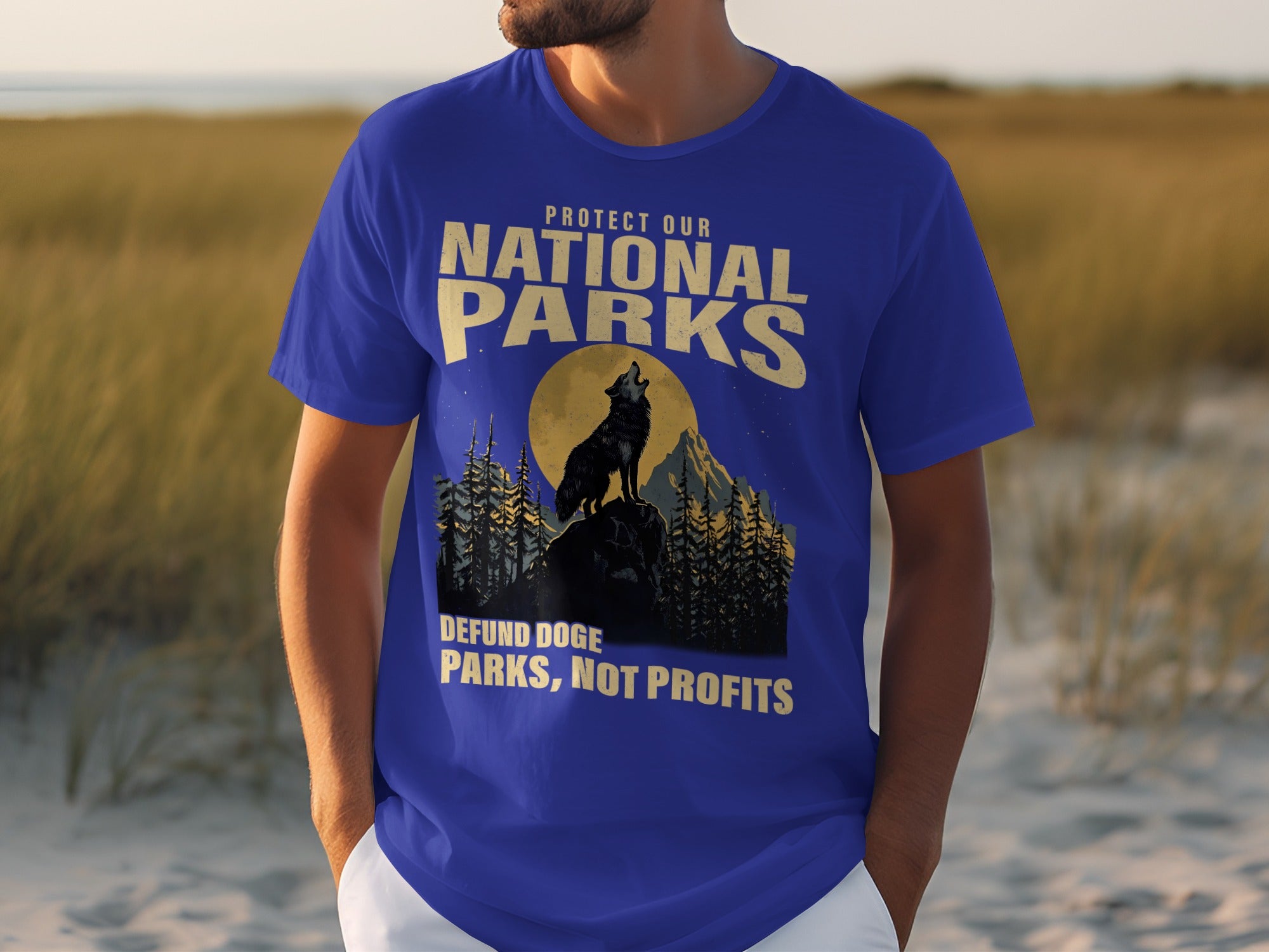 Blue t-shirt with wolf howling at moon and "Protect Our National Parks" text.