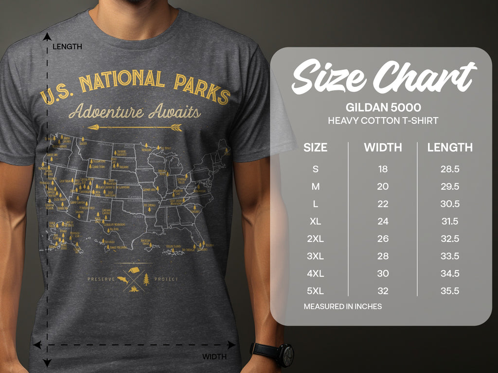 Gildan 5000 heavy cotton t-shirt size chart with measurements in inches.