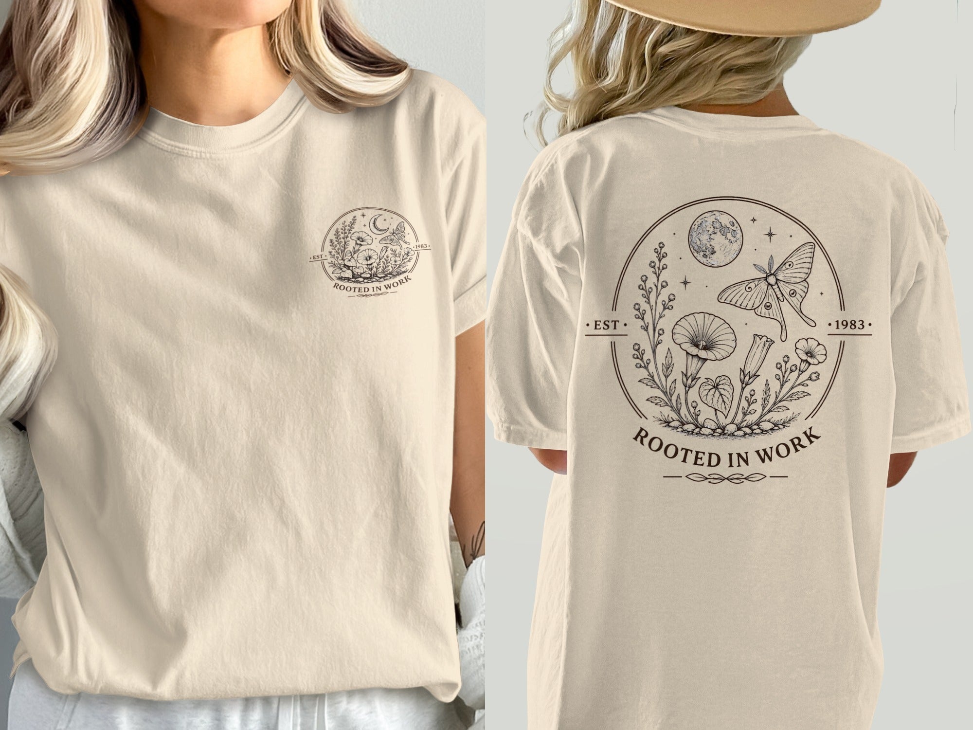 Cream t-shirt with circular woodland and moth graphic on back, text "ROOTED IN WORK".
