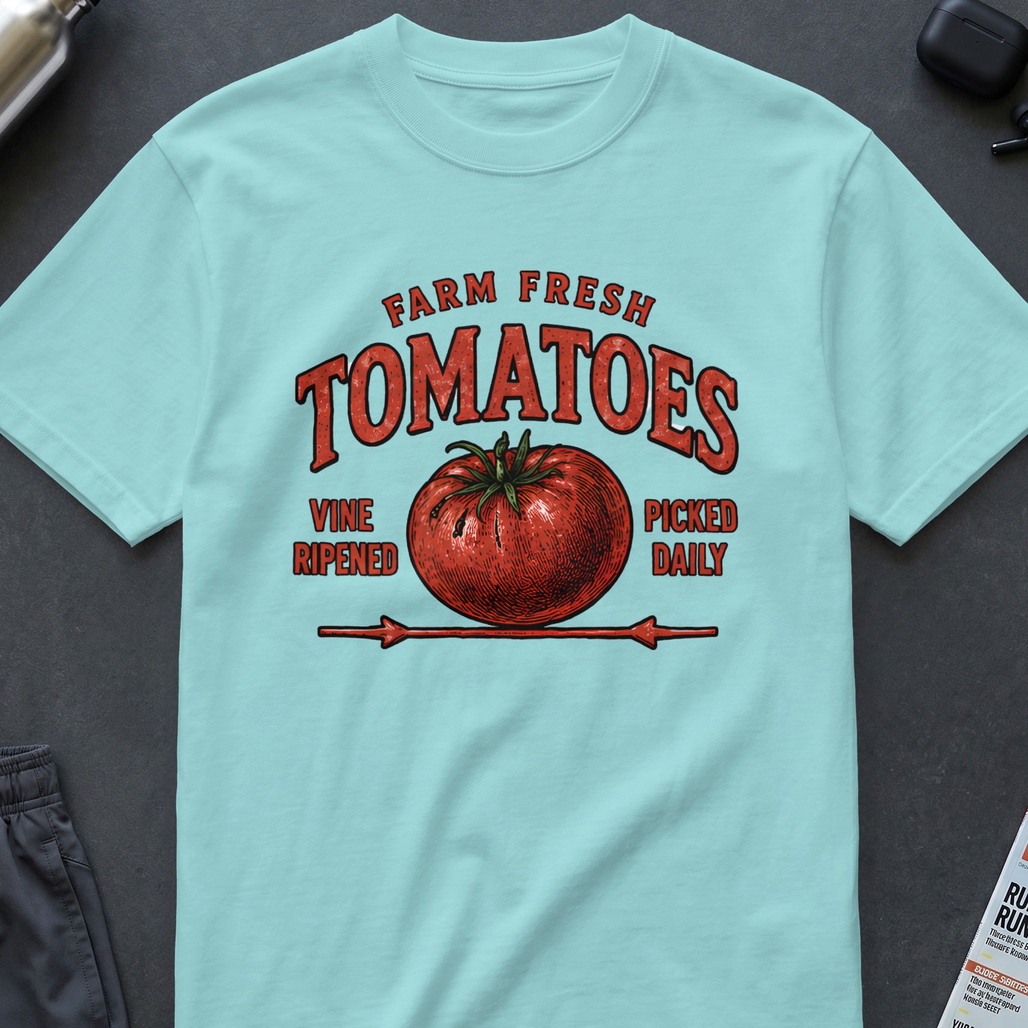 Light blue t-shirt with "Farm Fresh Tomatoes" and a tomato graphic.