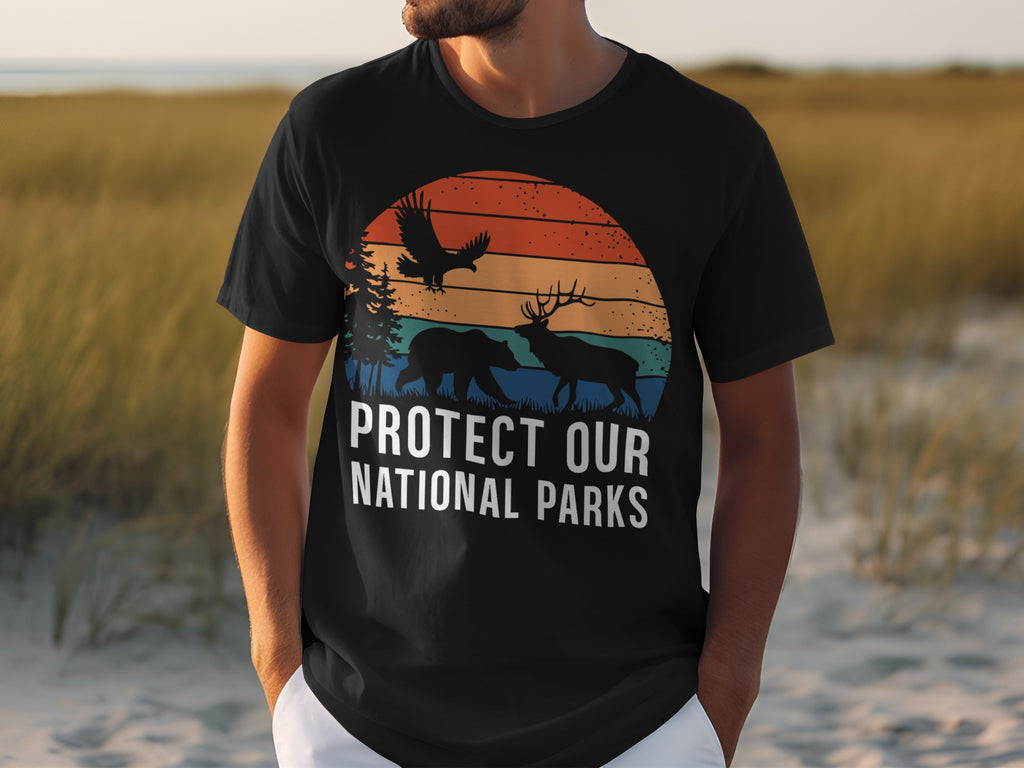 Black t-shirt with "Protect Our National Parks" text and wildlife graphic.