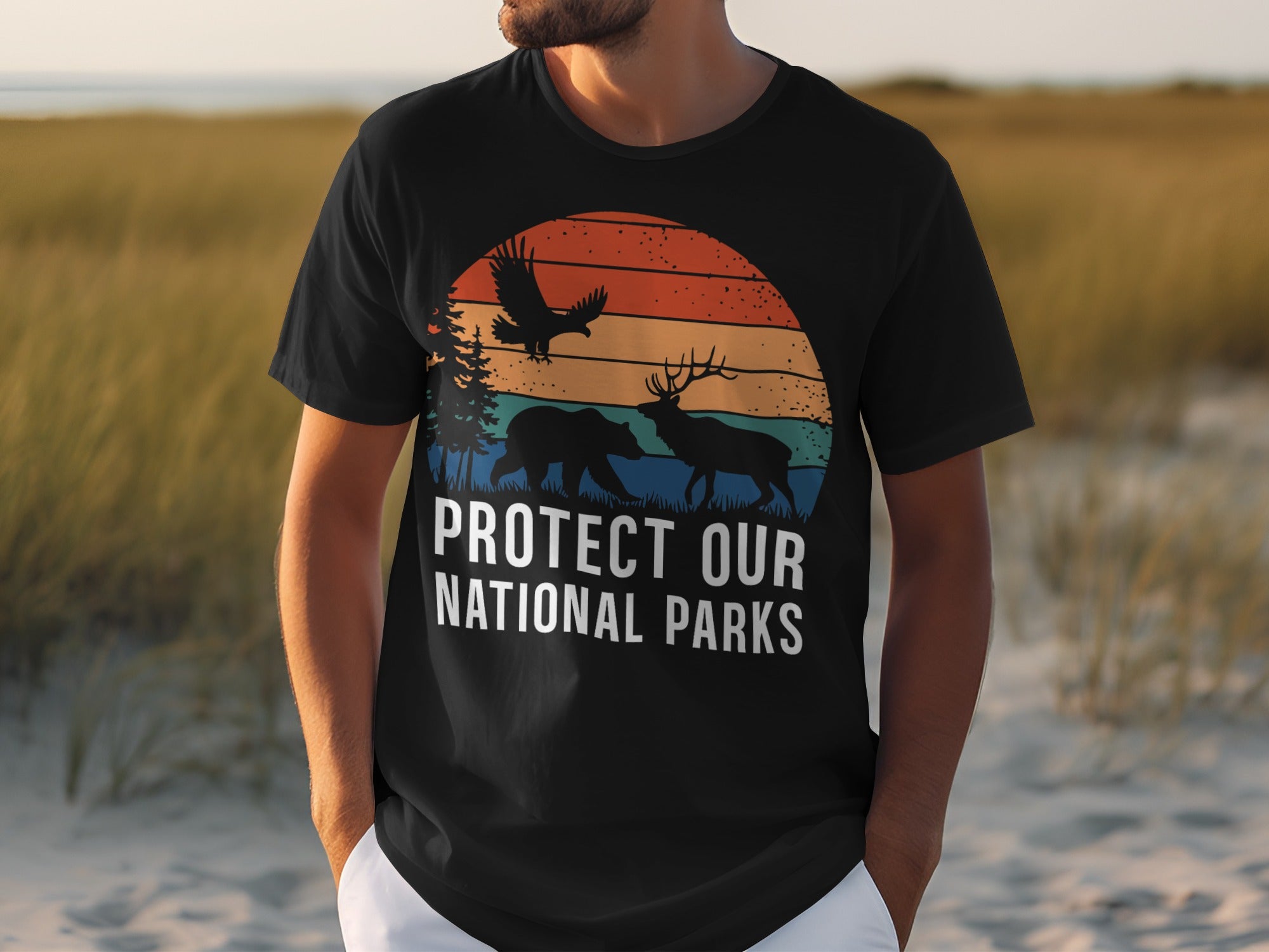 Black t-shirt with "Protect Our National Parks" text and wildlife graphic.