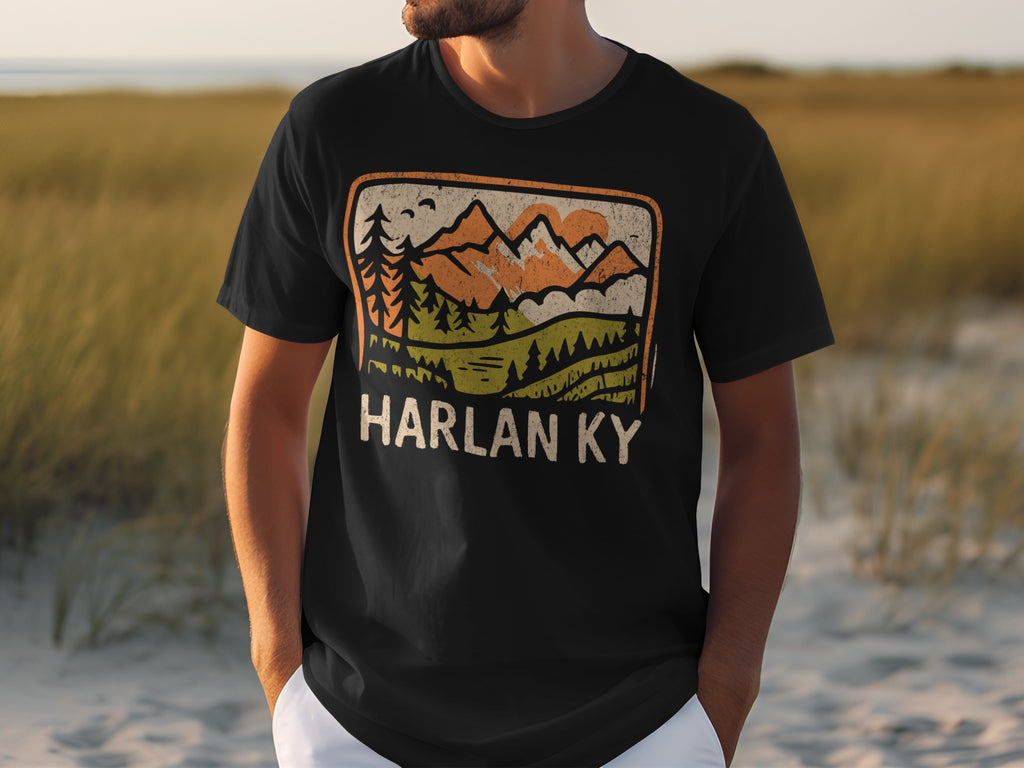 Black t-shirt with graphic reading "HARLAN KY" and a retro mountain landscape.