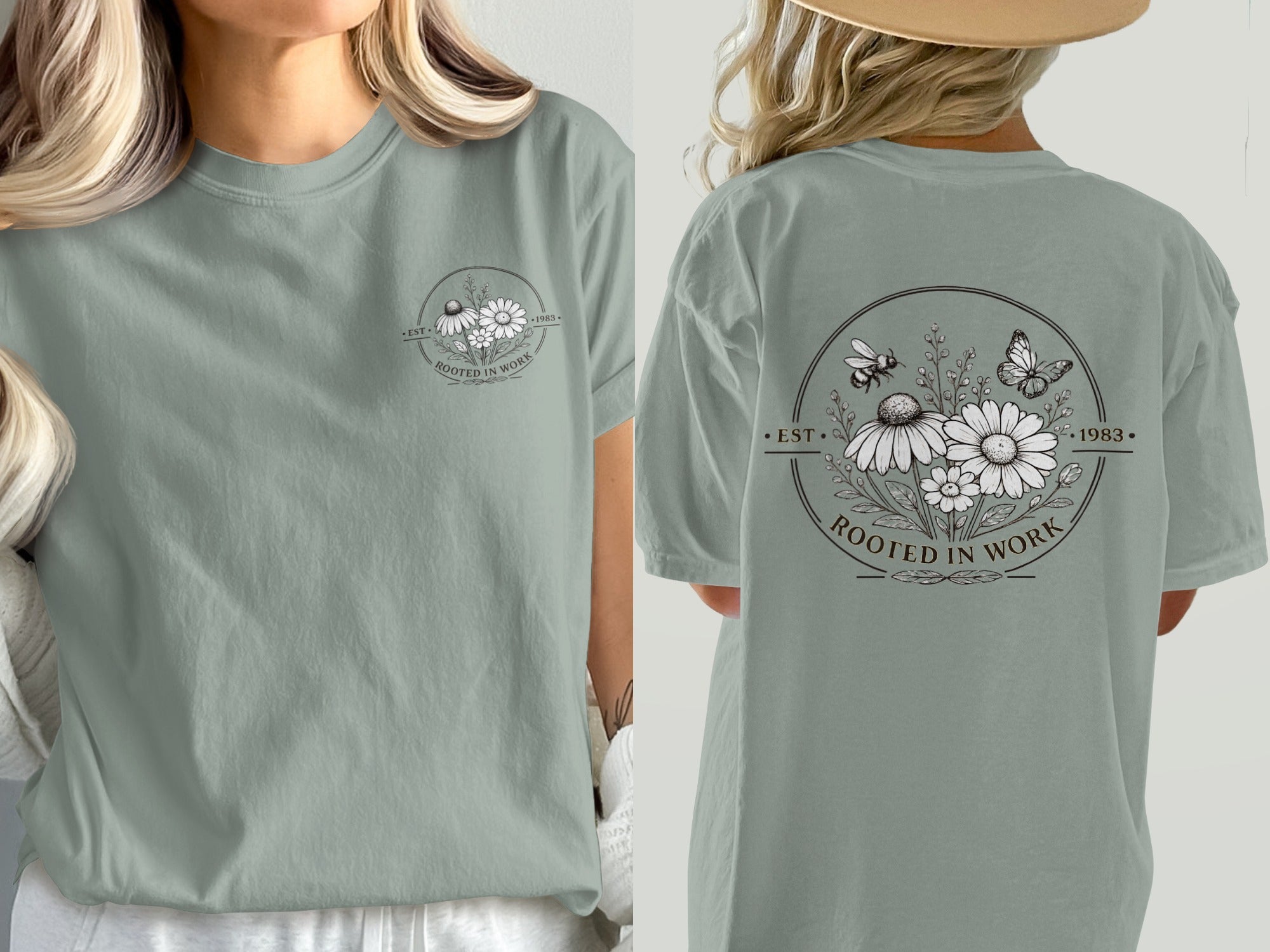 Green t-shirt with a circular floral design and the text "ROOTED IN WORK EST 1983".