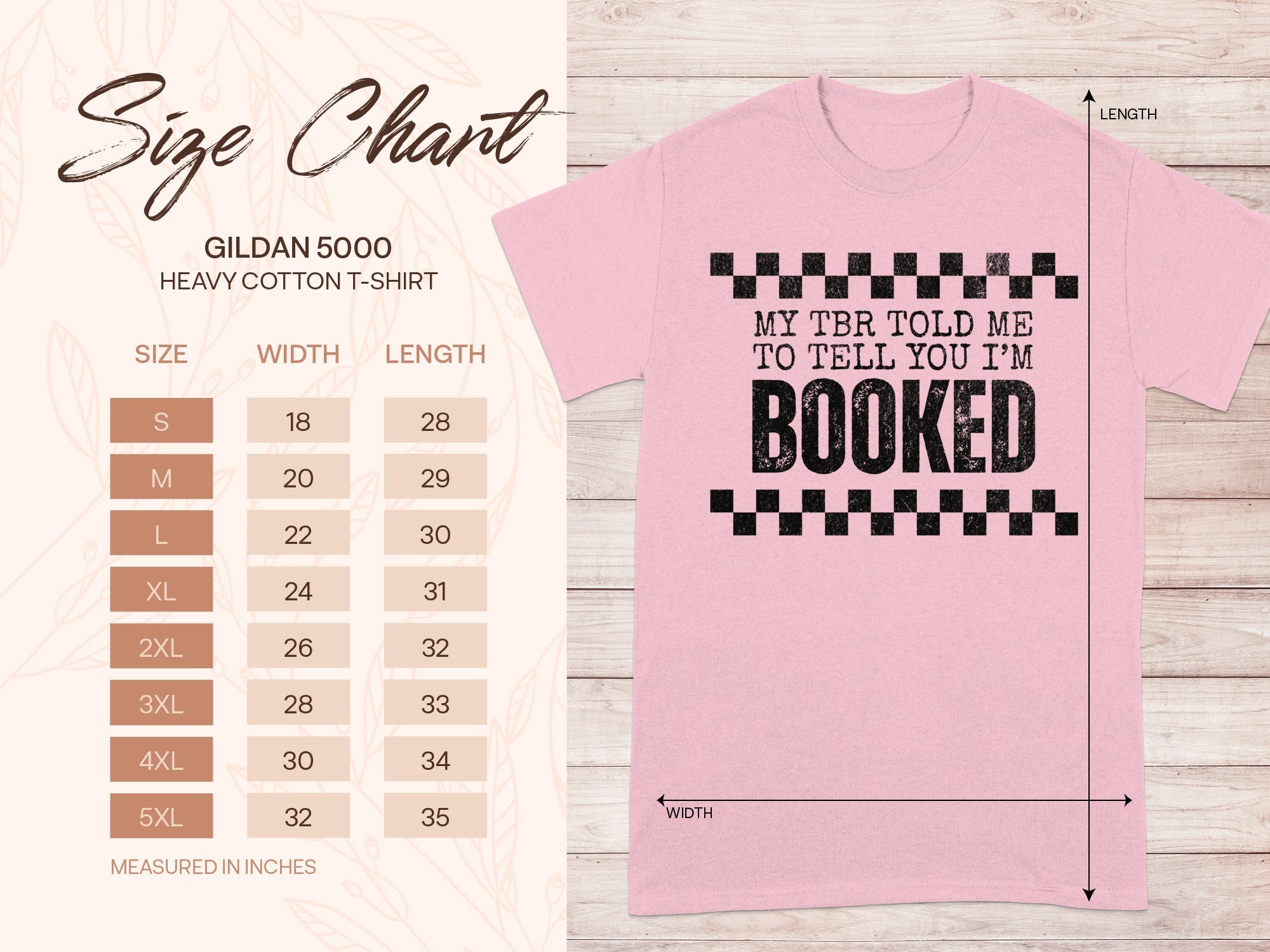 Size chart for a Gildan 5000 heavy cotton t-shirt with "Booked" graphic.