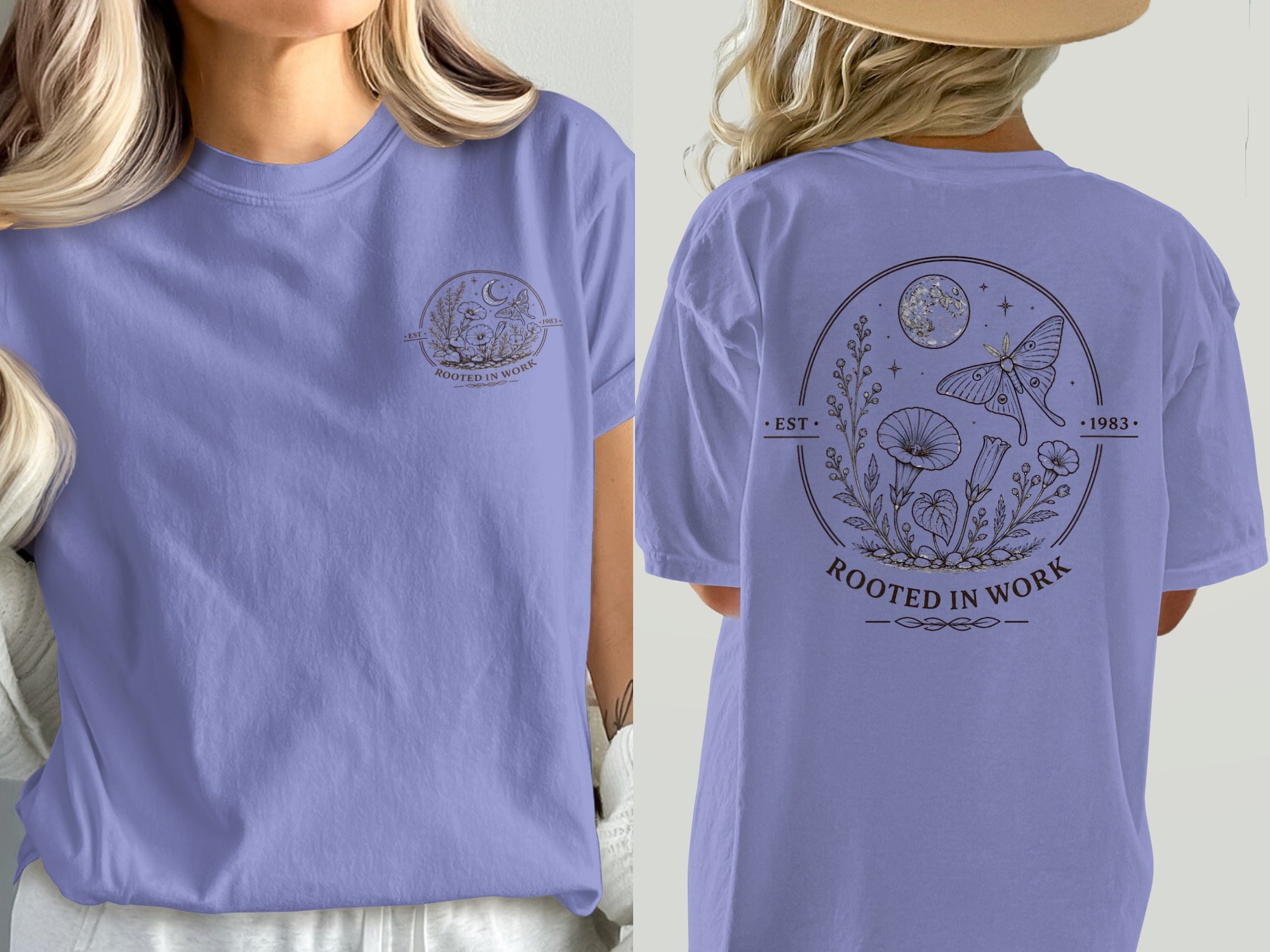 Purple t-shirt with circular graphic of moth, moon, and plants, reading "Rooted in Work".