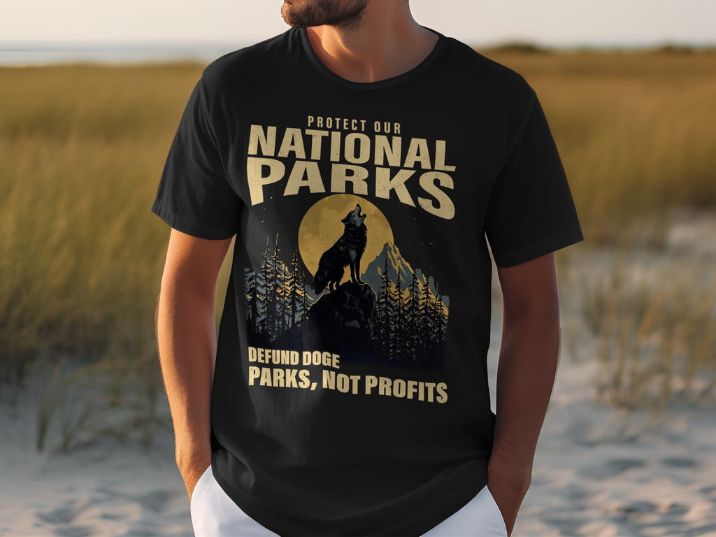 Black t-shirt with "Protect Our National Parks" and wolf graphic.