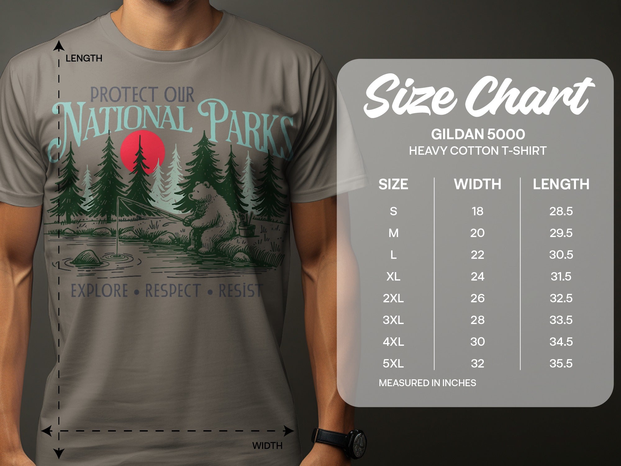 Size chart for Gildan 5000 Heavy Cotton T-shirt with measurements in inches.