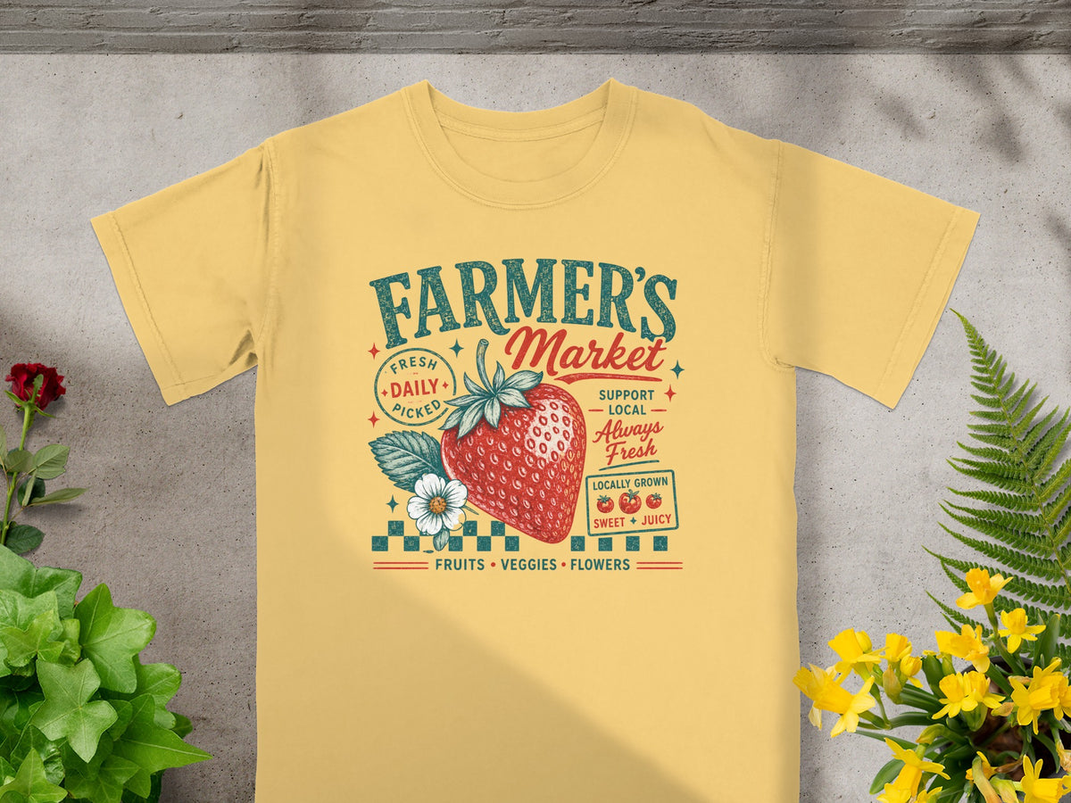 Yellow t-shirt with retro "Farmer's Market" graphic featuring a strawberry.