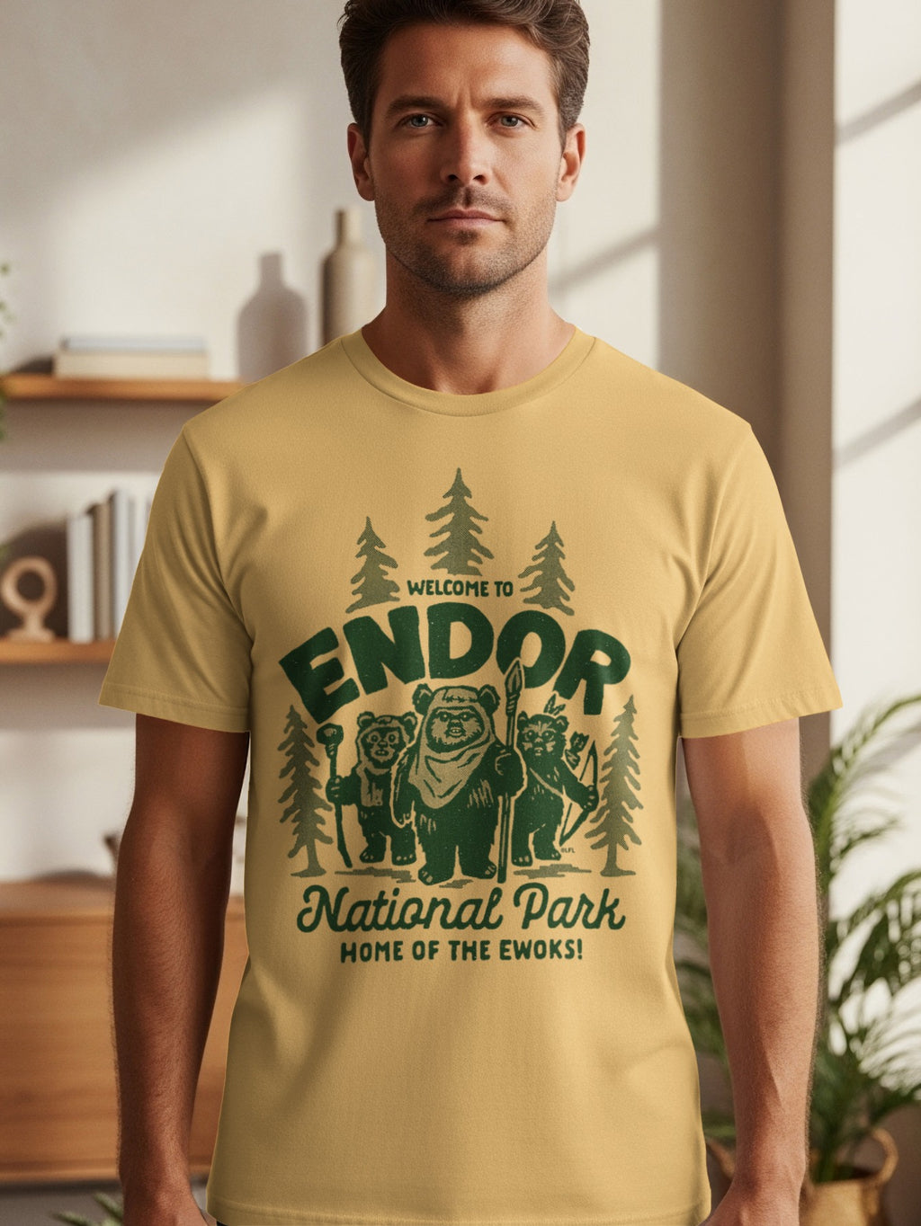 Yellow t-shirt with green Endor National Park Ewok graphic and text.