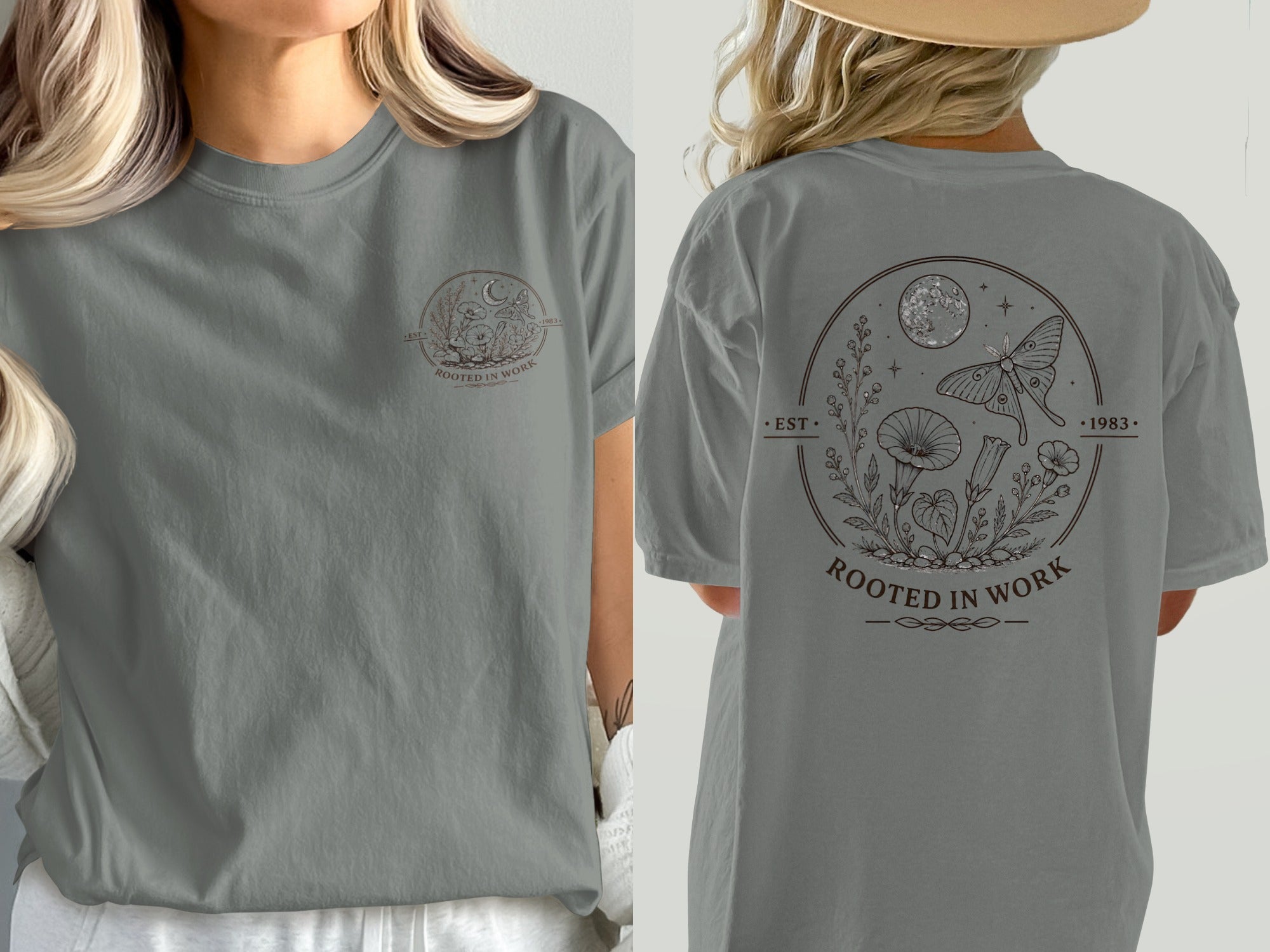Gray t-shirt with circular nature design featuring moth, moon, and plants.