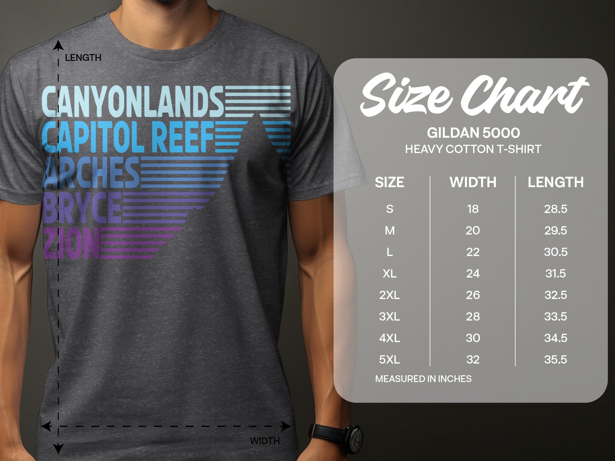 Gildan 5000 heavy cotton t-shirt size chart with width and length measurements.