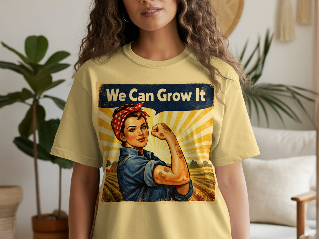 Vintage style artwork of woman in blue shirt flexing arm, text "We Can Grow It"