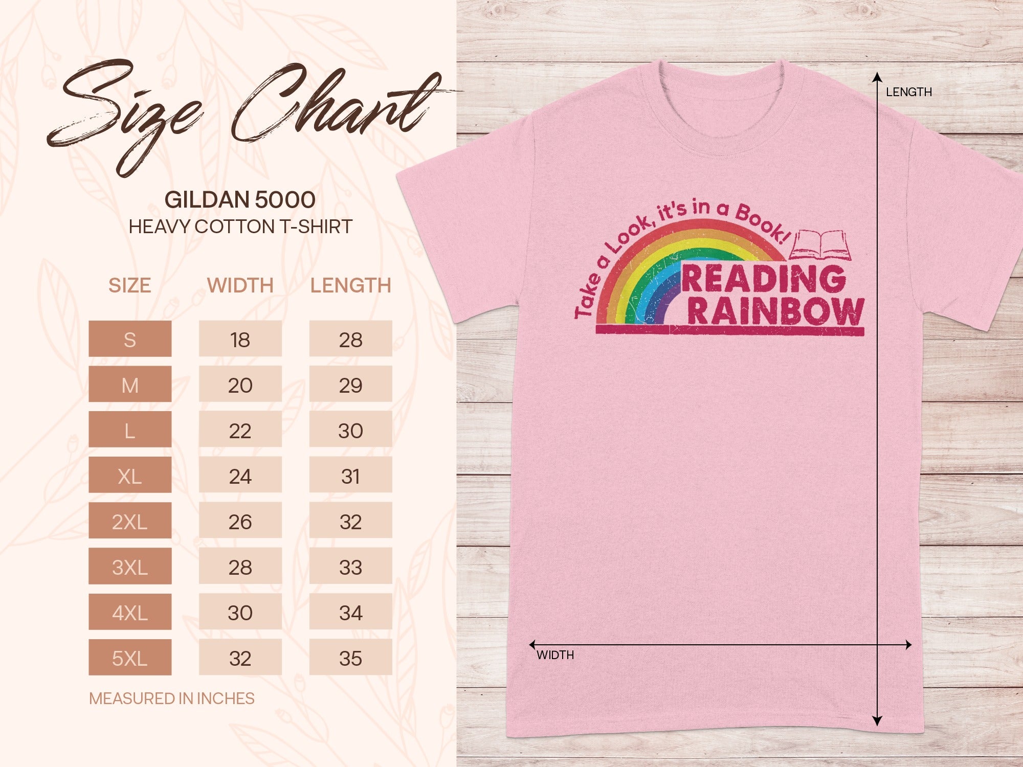 Pink t-shirt size chart for Gildan 5000 heavy cotton shirts. Reading Rainbow graphic.