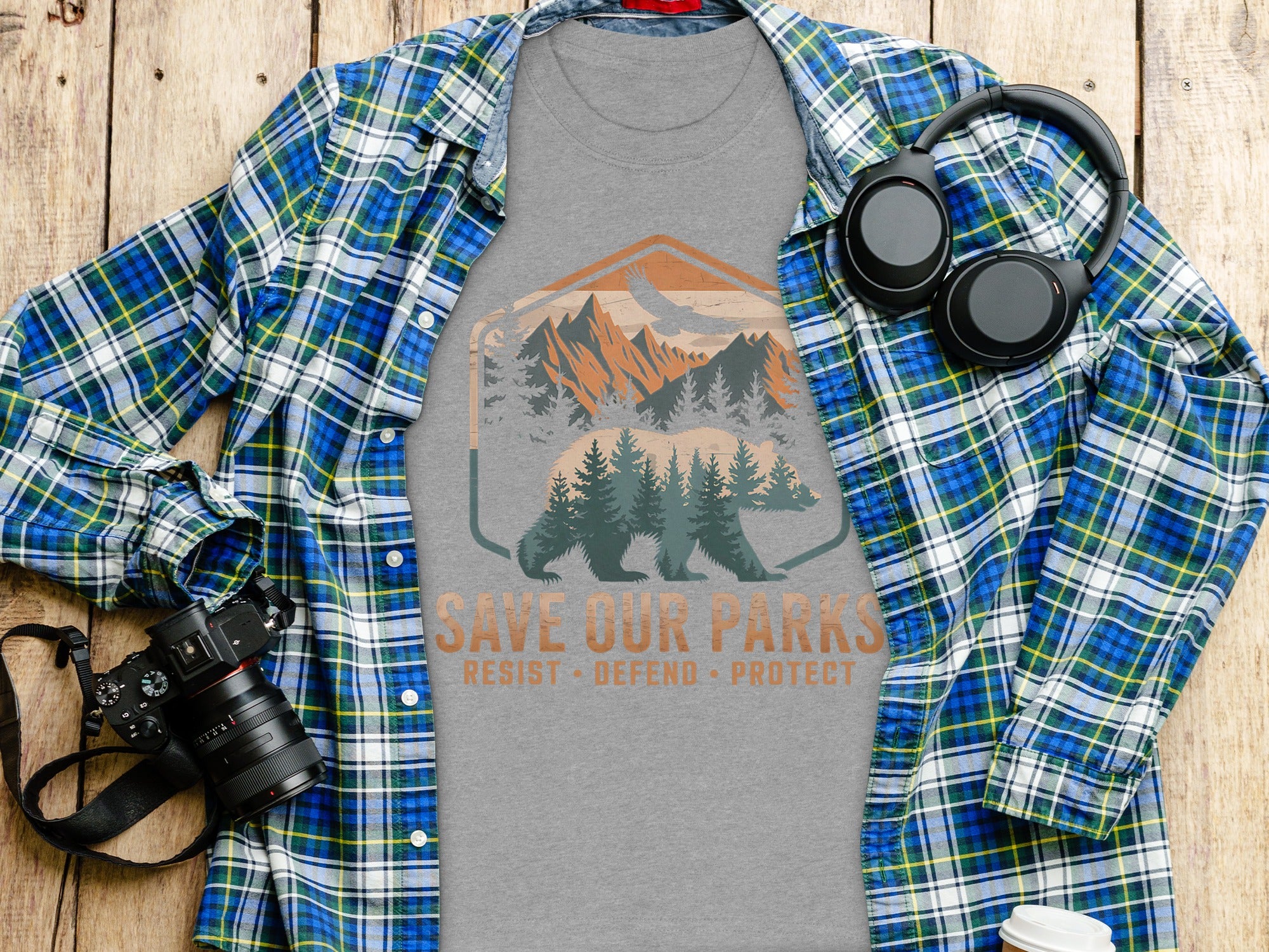 Grey t-shirt with bear, mountains, and text "SAVE OUR PARKS".
