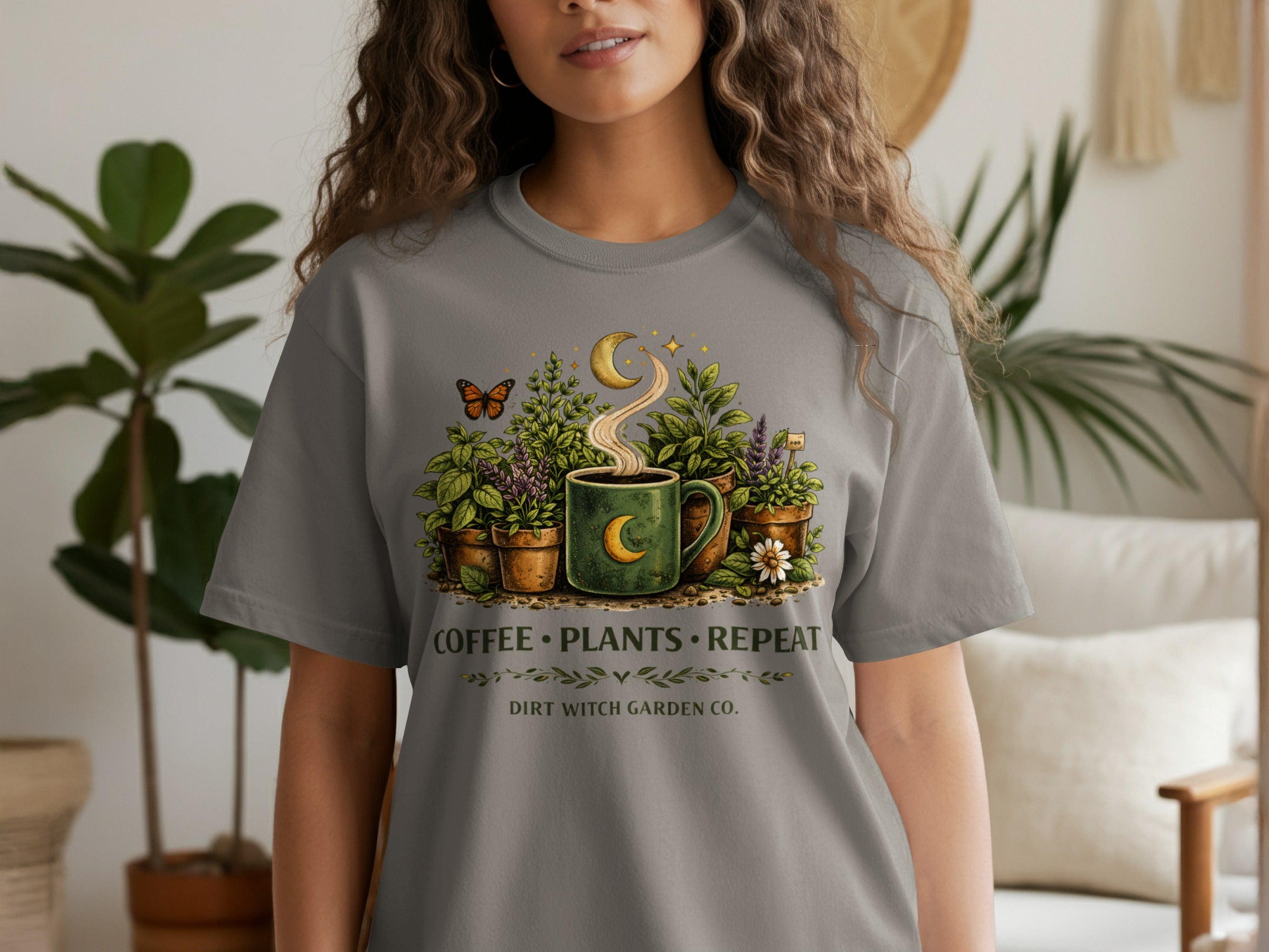 T-shirt graphic with a coffee mug, potted plants, crescent moon, and text: Coffee⚫ Plants⚫ Repeat