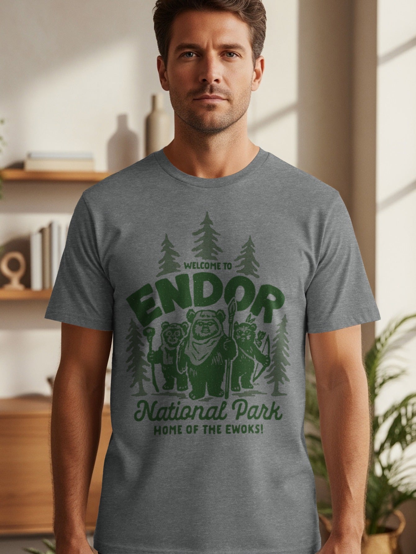 Grey t-shirt with a green graphic: "Welcome to Endor National Park, Home of the Ewoks!"