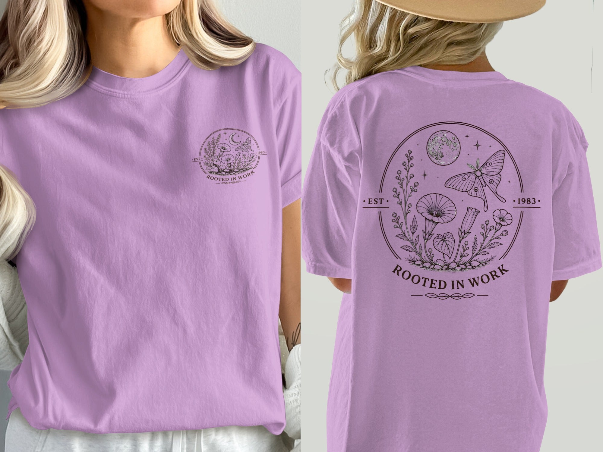 Lavender t-shirt with circular botanical and moon graphic and "ROOTED IN WORK" text.