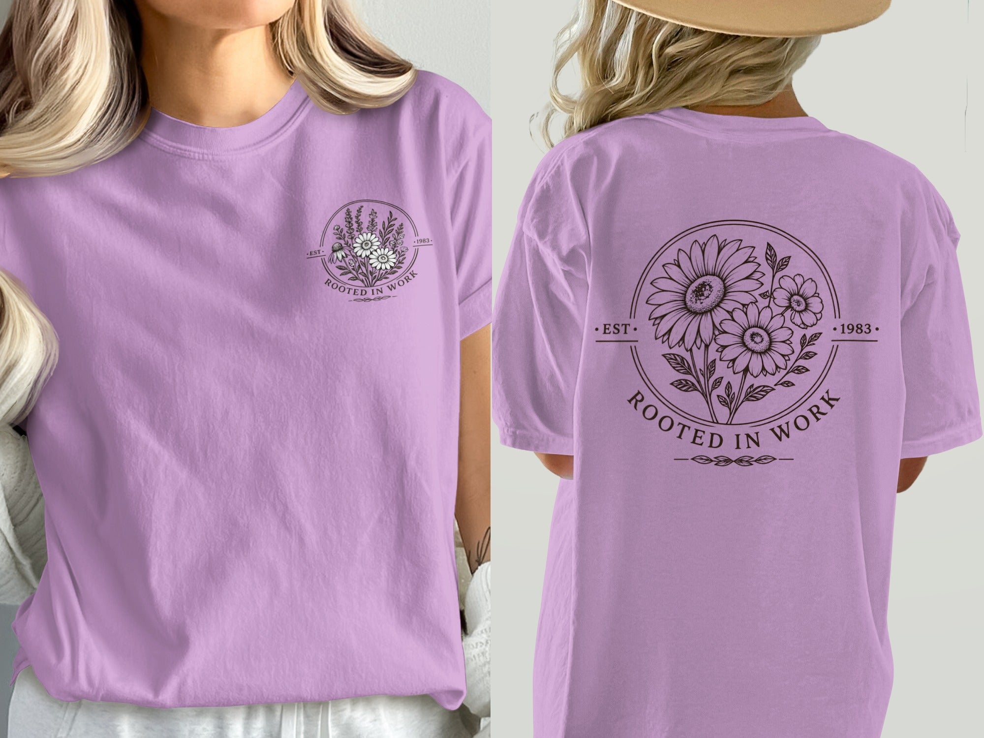 Purple t-shirt with floral graphic and "Rooted in Work 1983" text.