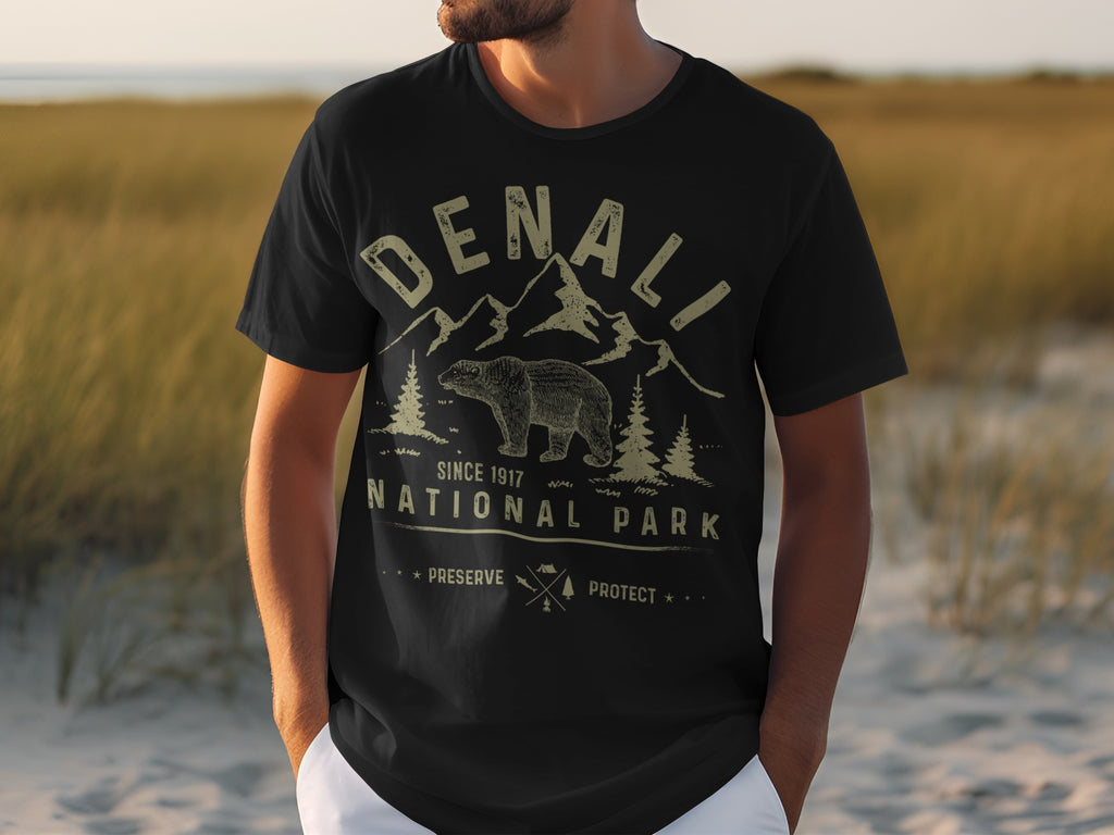 Black t-shirt with Denali National Park design, featuring a bear and mountains.