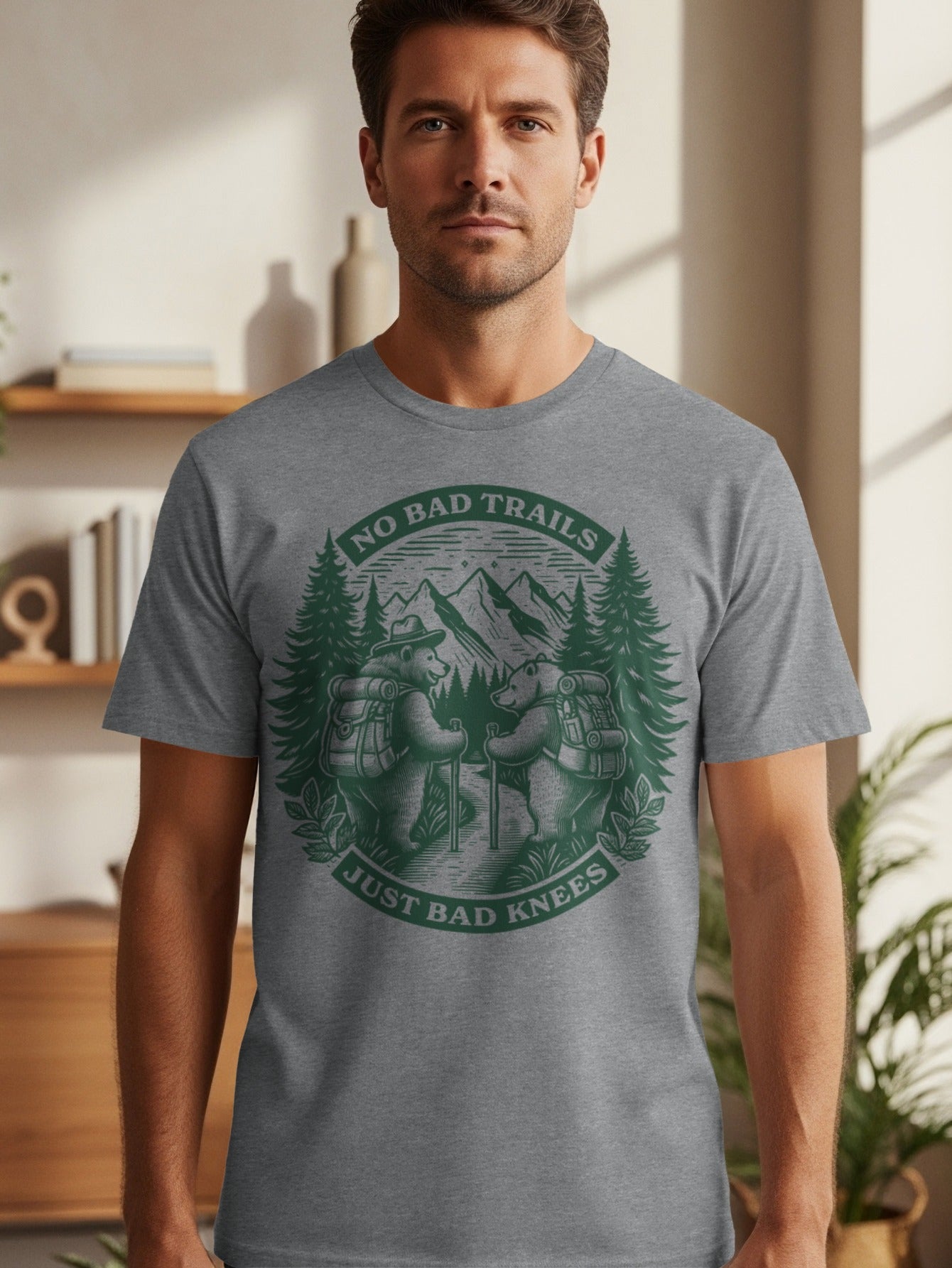 Grey t-shirt with bears hiking graphic and "NO BAD TRAILS JUST BAD KNEES" text.