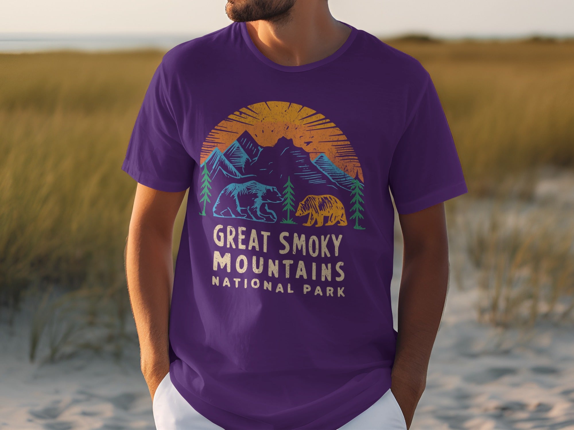 Purple t-shirt with Great Smoky Mountains National Park graphic featuring bears and mountains.