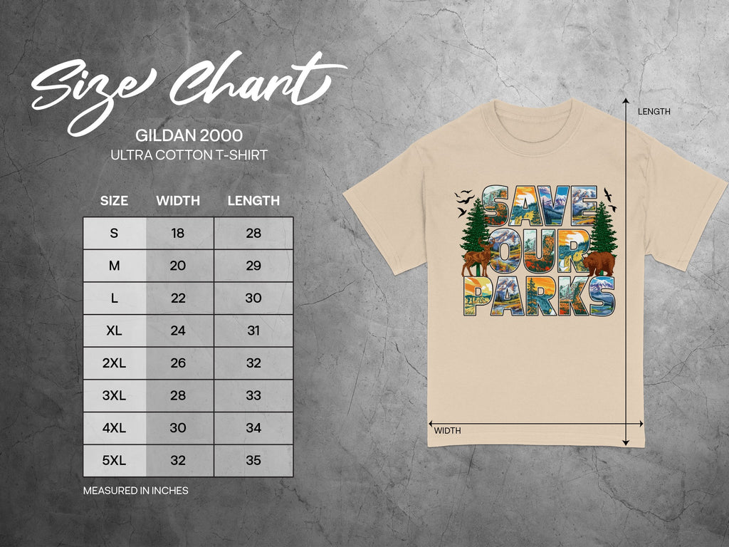 Gildan 2000 Ultra Cotton t-shirt size chart with dimensions in inches.