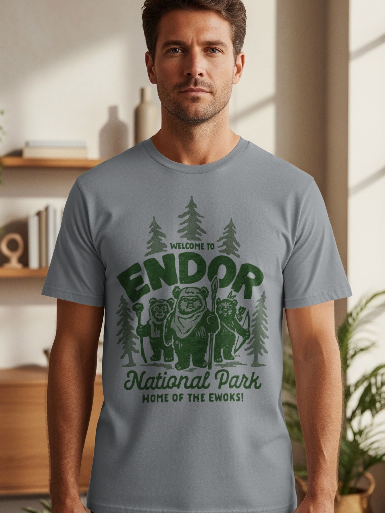 Welcome to Endor National Park, home of the Ewoks! Graphic on gray t-shirt.