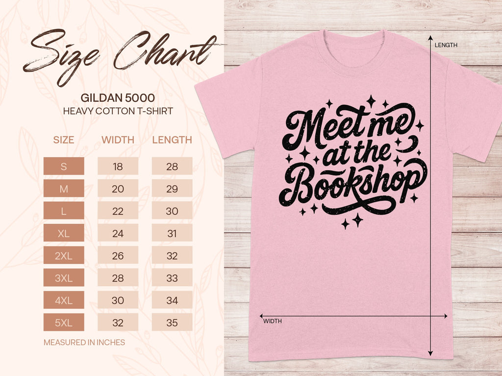 Gildan 5000 pink t-shirt with "Meet me at the Bookshop" graphic and size chart.